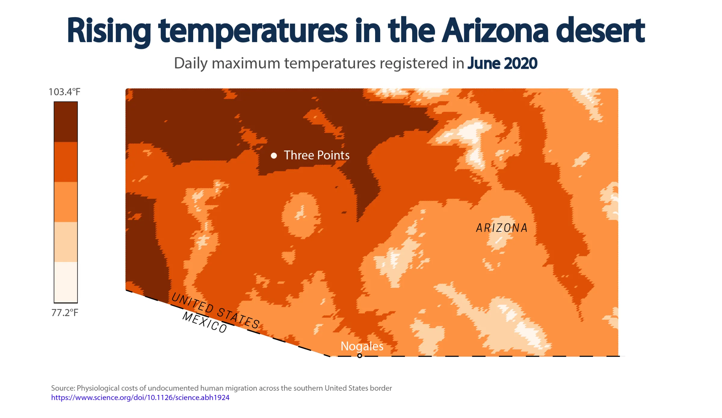 Rising temperatures in the Arizona desert. Daily maximum temperatures registered in June 2020 and projected maximum temperatures in June 2050. Microclimate analysis on the region in Arizona with the highest number reported of number of migrant deaths due to exposure. November 2, 2022. Thomson Reuters Foundation/Diana Baptista