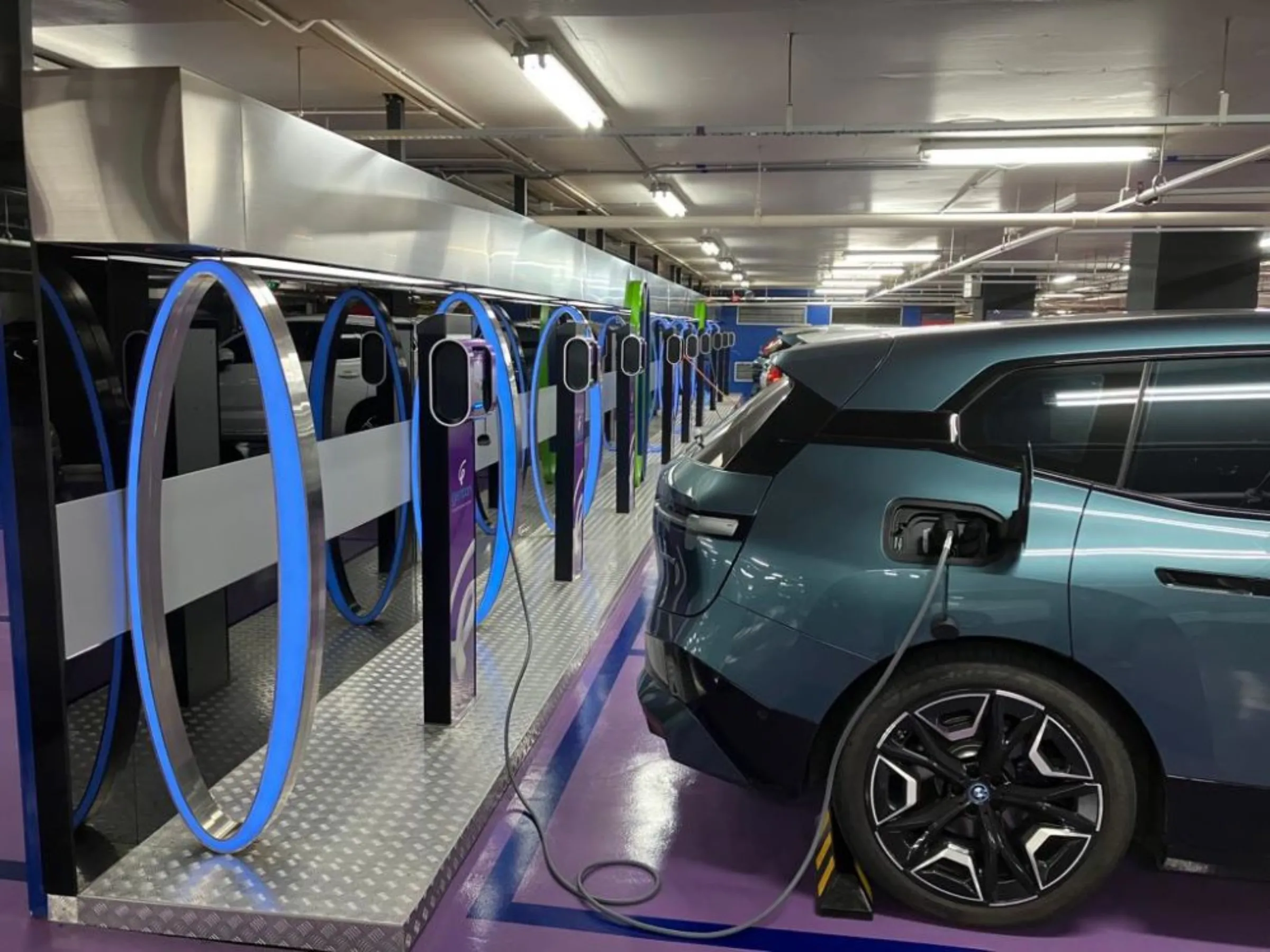 Electric vehicle charging points in the car park under the iconic Petronas Twin Towers in Kuala Lumpur, Malaysia. February 15, 2023