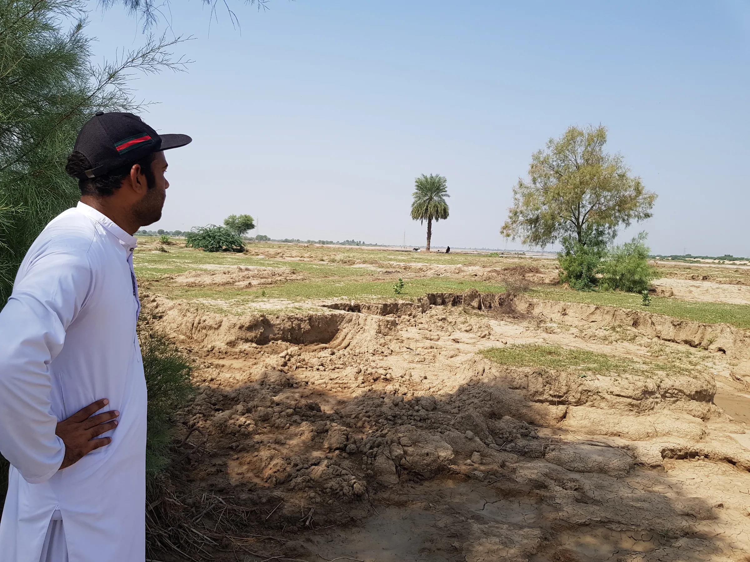 Muhammad Awais, a cotton grower, looks at the flood-damaged fields in Hasanabad, Pakistan, September 28, 2022. Thomson Reuters Foundation/Waqar Mustafa