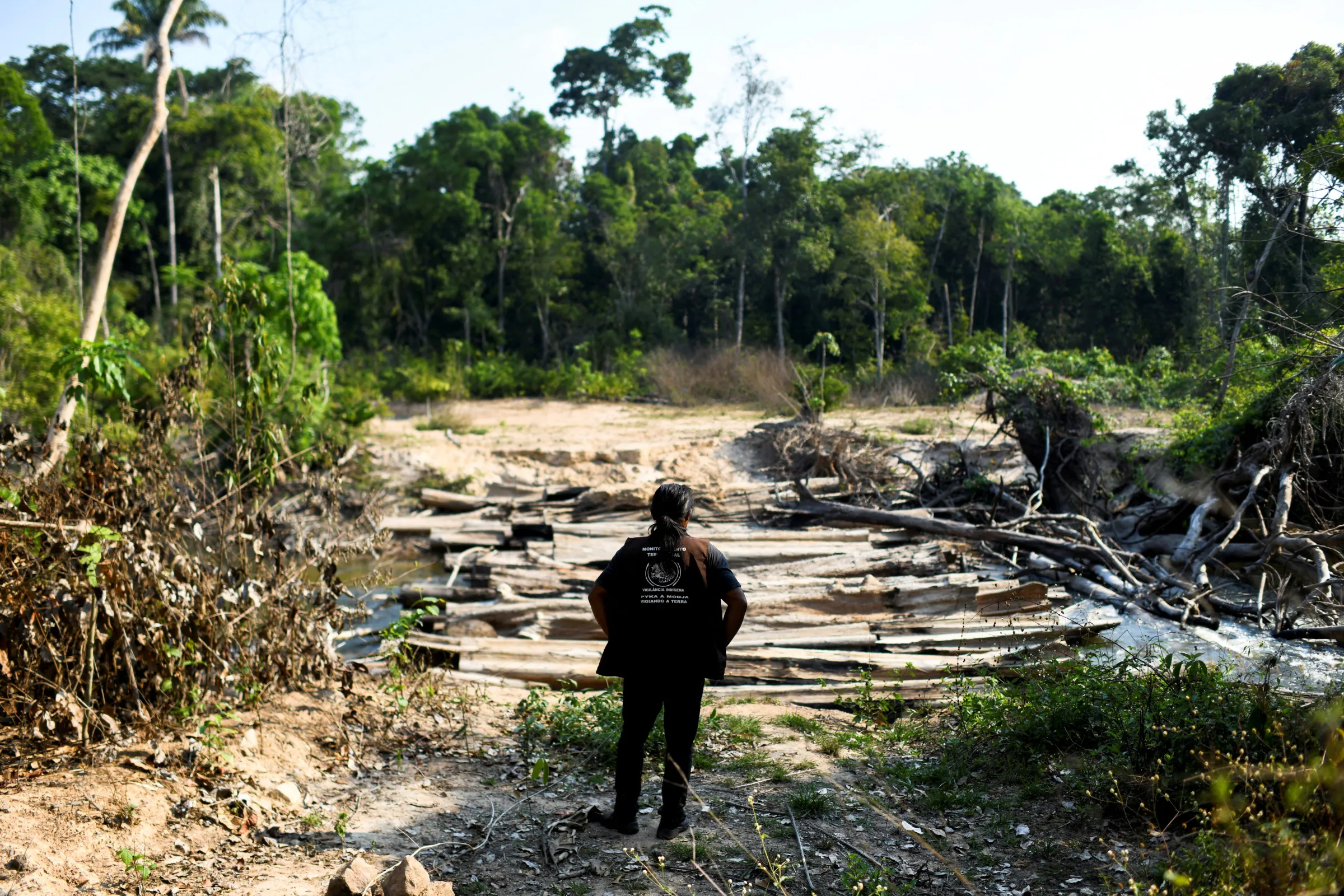 An indigenous man of the Kayapo tribe observes logs left by loggers during a surveillance patrol