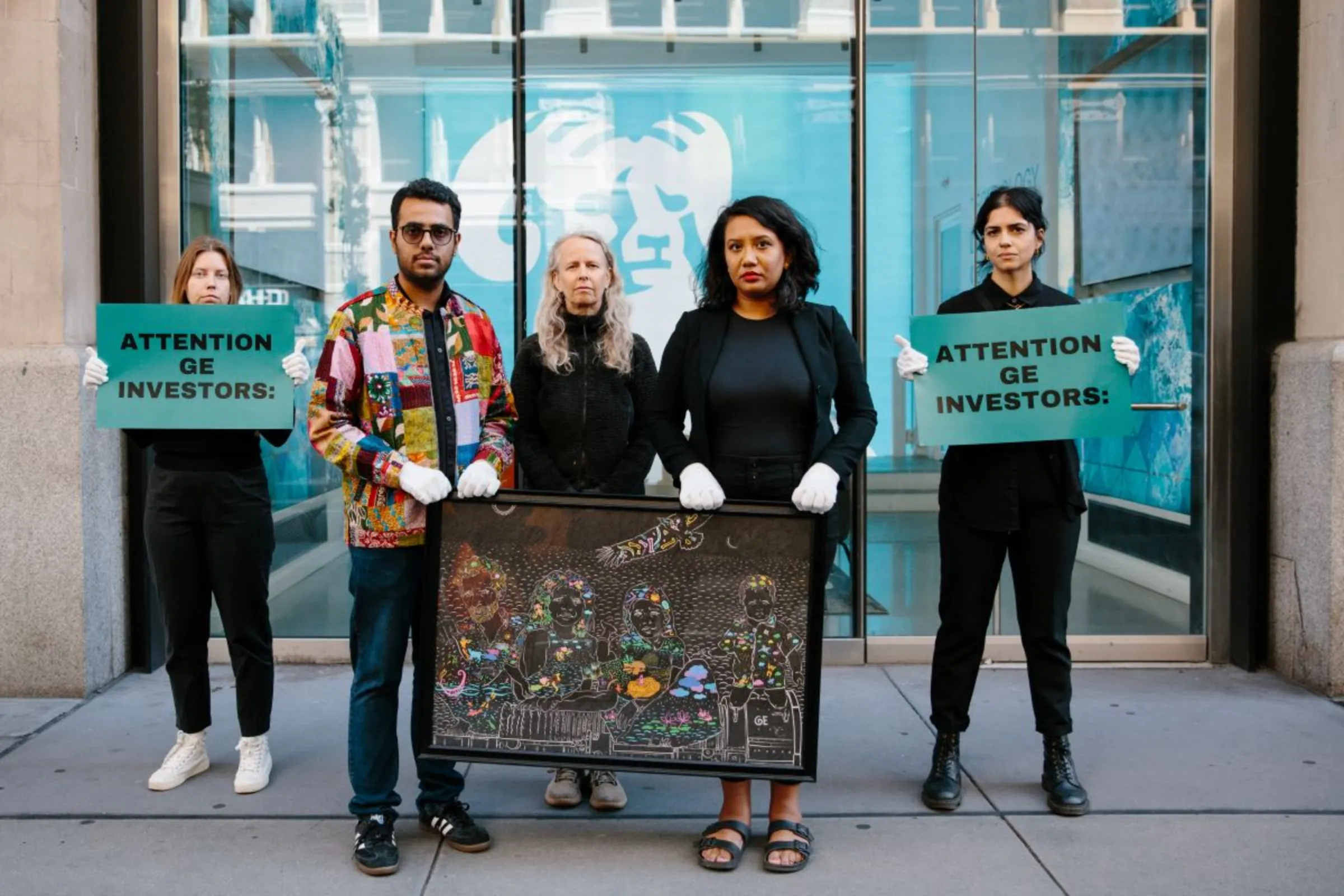 Artist Ata Mojlish and activists protest against LNG projects in Bangladesh before the office of T. Row Price at New York, September 19, 2023. Sawyer Roque for Market Forces/Handout via Thomson Reuters Foundation