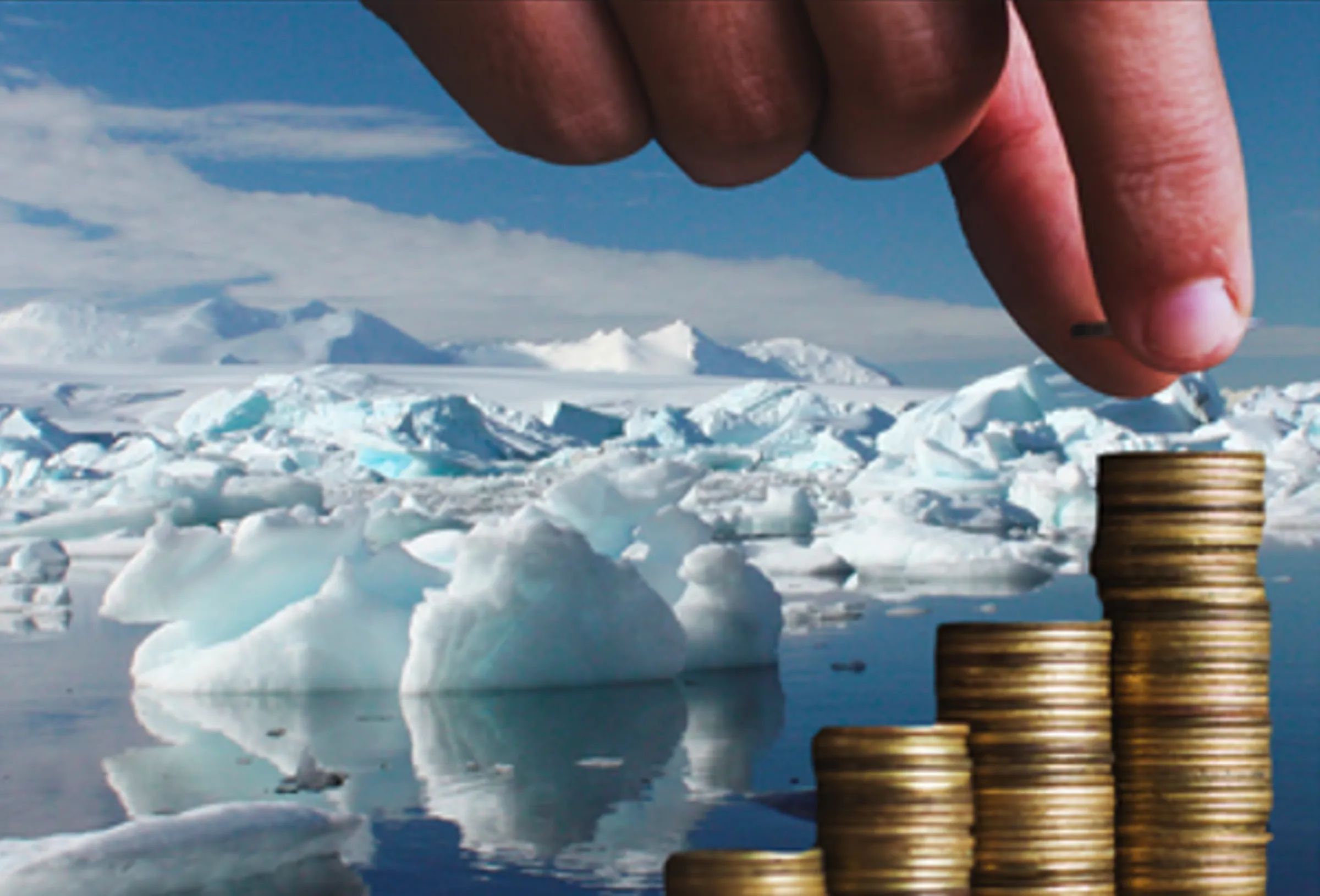 A hand arranging coins is pictured in front of glacier in this illustration