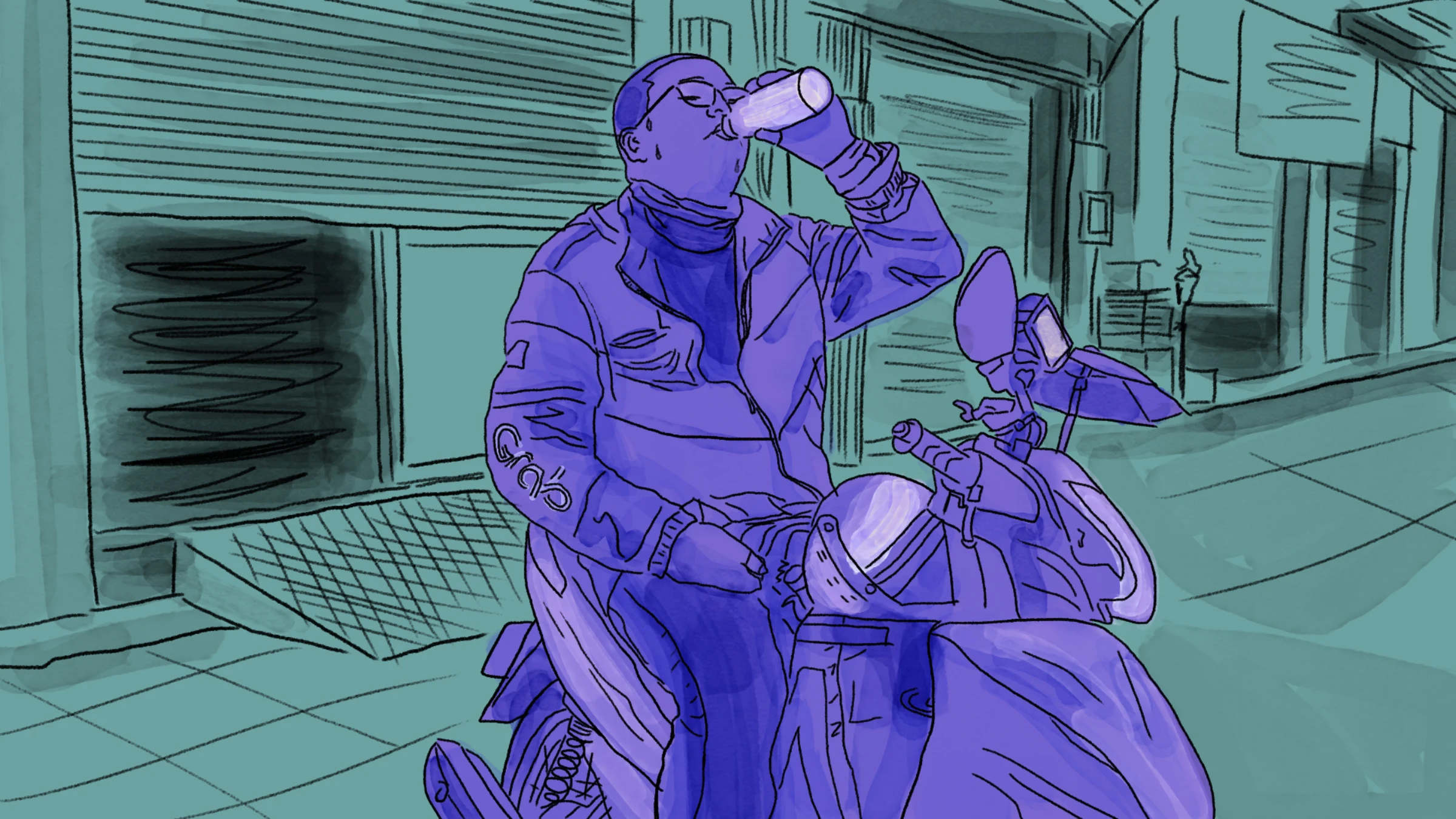 A delivery driver drinks water in this illustration. Thomson Reuters Foundation/Karif Wat
