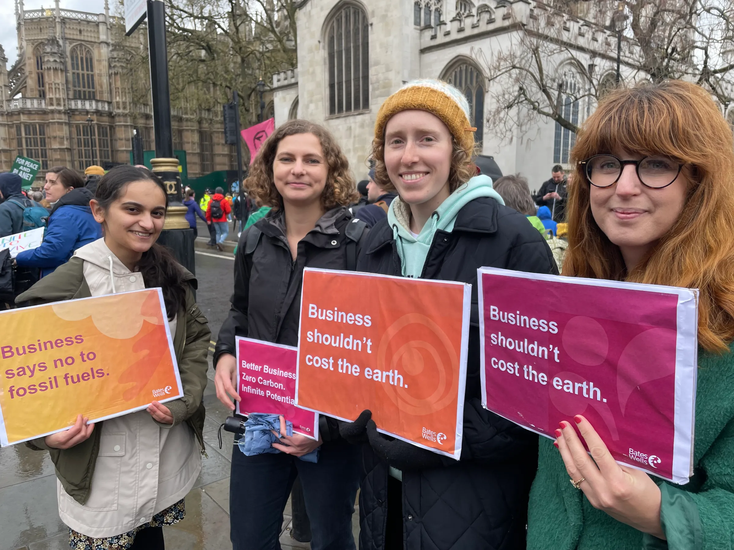 Felicity Aris (second from right) and colleagues from London law firm Bates Wells participate in join “The Big One”, a climate change protest organised by Extinction Rebellion outside Parliament in London on April 21, 2023. Thomson Reuters Foundation/Laurie Goering