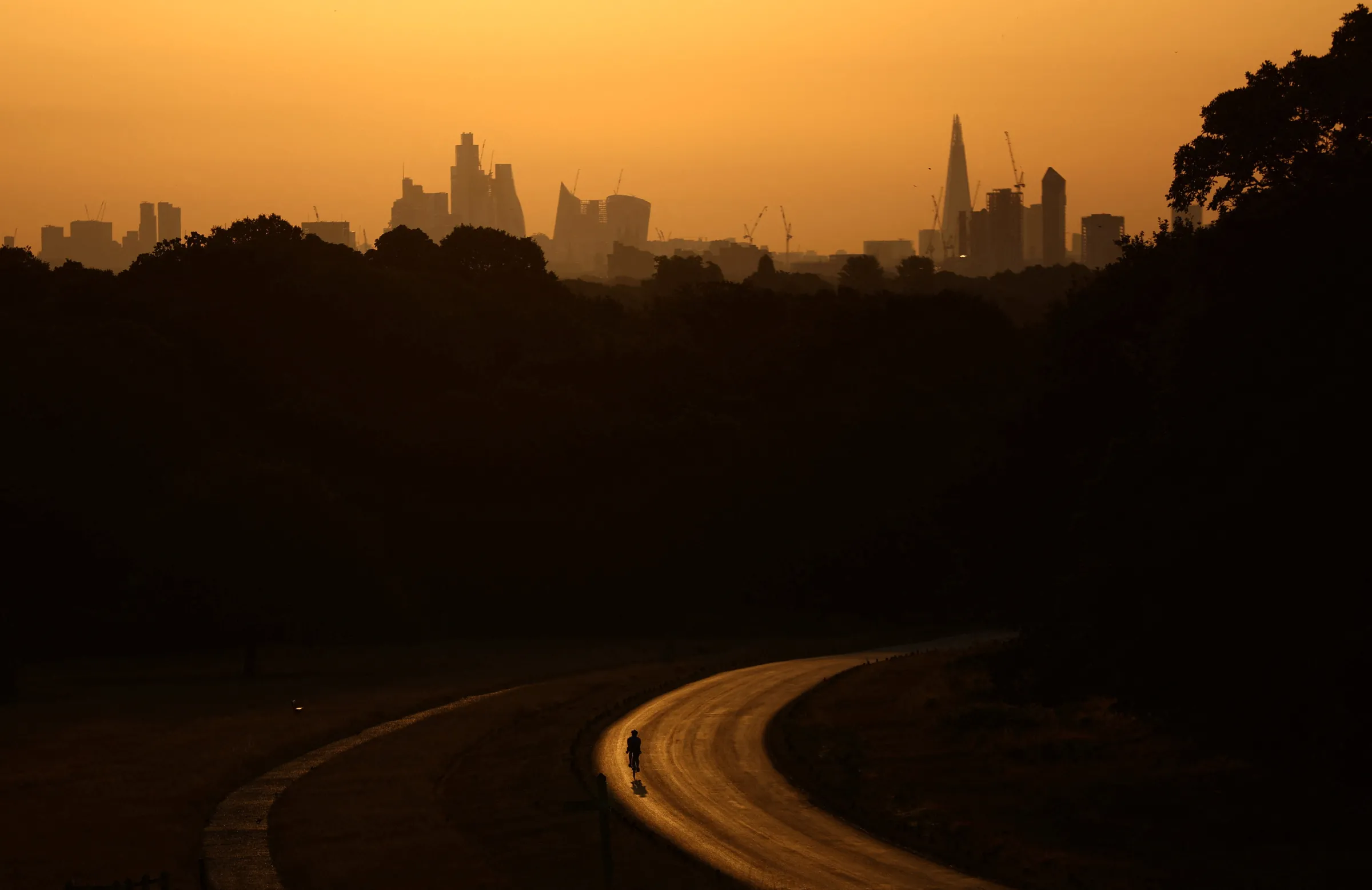 A cyclist rides through Richmond Park at sunrise during a heatwave in London