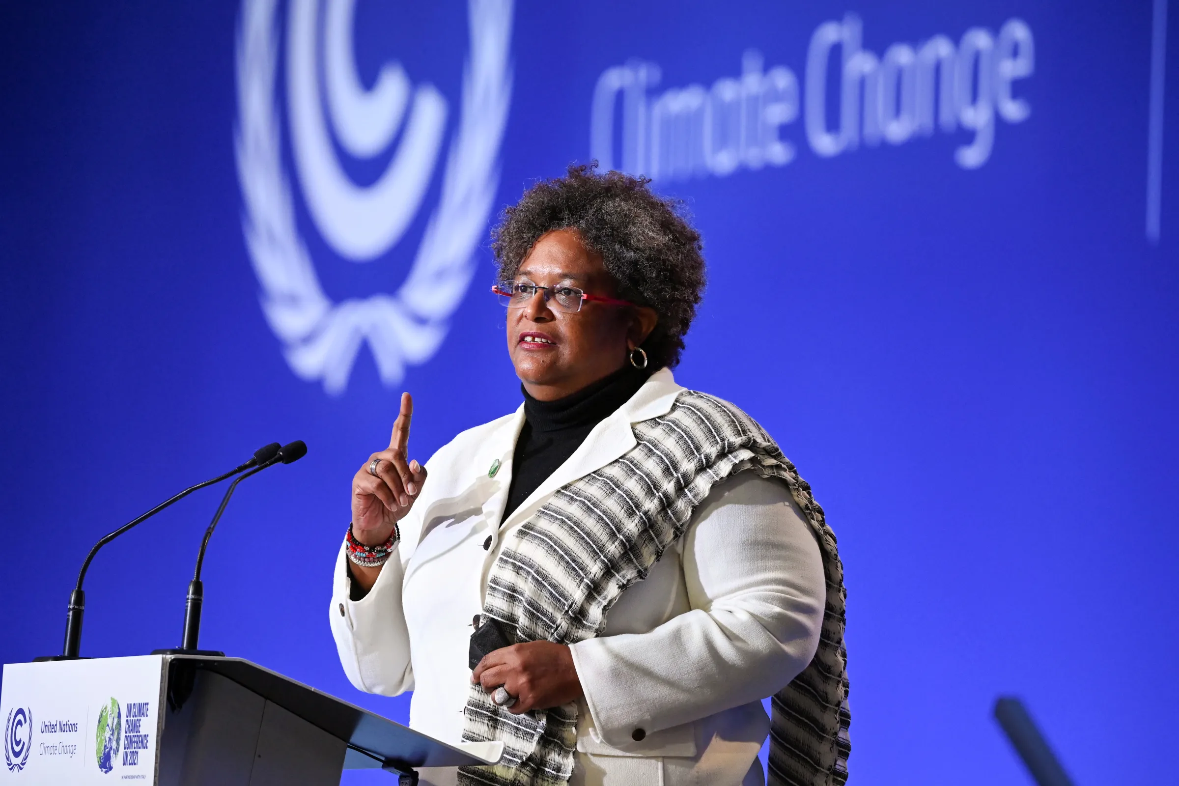 Barbados Prime Minister Mia Amor Mottley speaks during the opening ceremony of the UN Climate Change Conference (COP26) in Glasgow, Scotland, Britain November 1, 2021