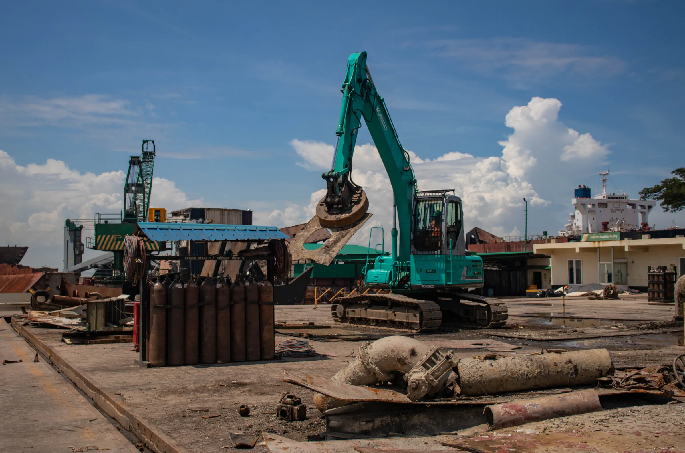 A magnetic crane transferring parts of a ship at the PHP Shipbreaking Yard in Chattogram, Bangladesh on September 23, 2021