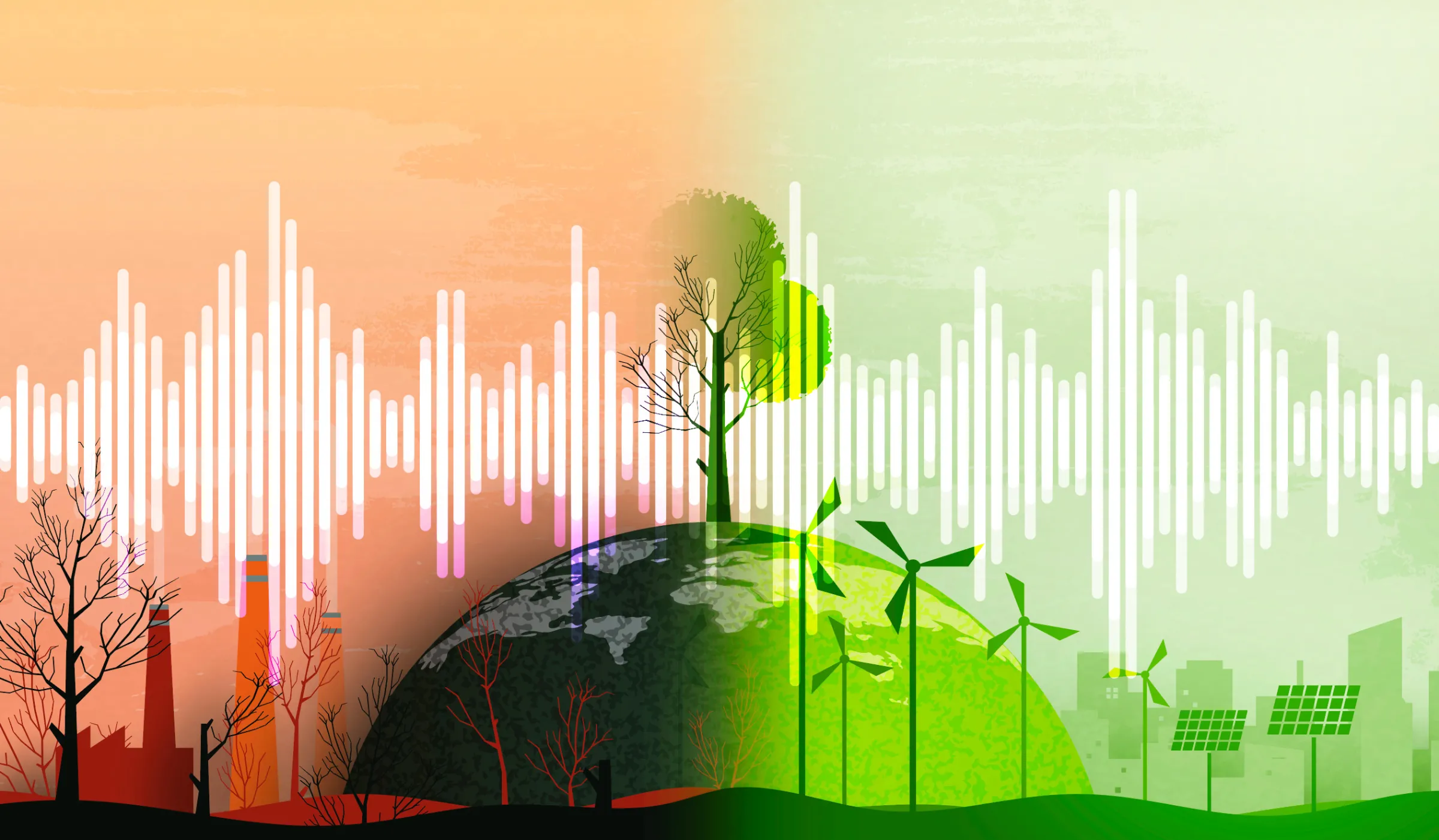 An illustration photo shows the globe with a tree standing on top. On the left hand side, a red backed illustration shows barren trees and oil refinery towers. On the right hand side, a green backed illustration shows wind turbines and solar panels. A sound equaliser image crosses the screen to indicates audio.