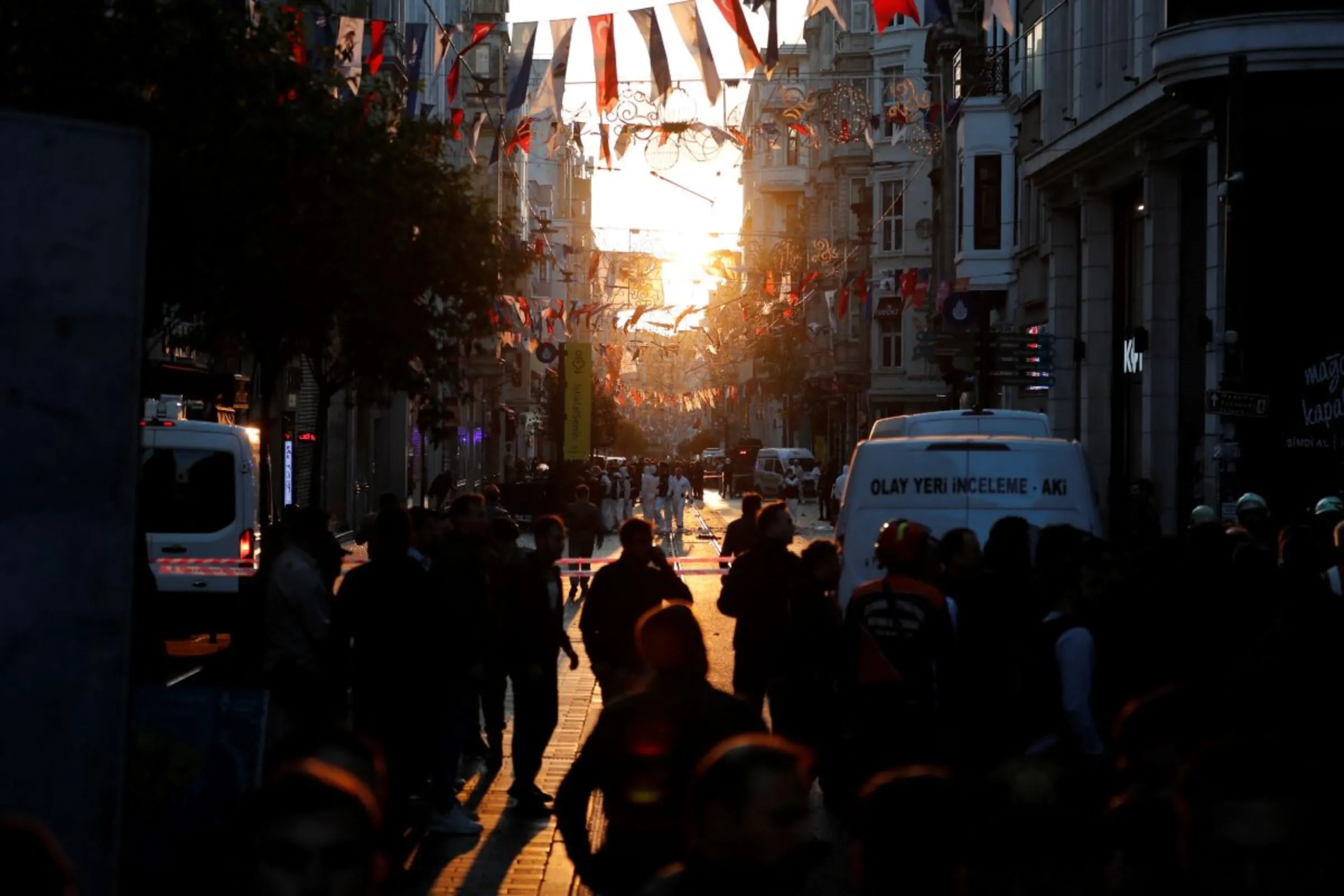 Police and emergency service members work at the scene after an explosion on busy pedestrian Istiklal street in Istanbul, Turkey, November 13, 2022