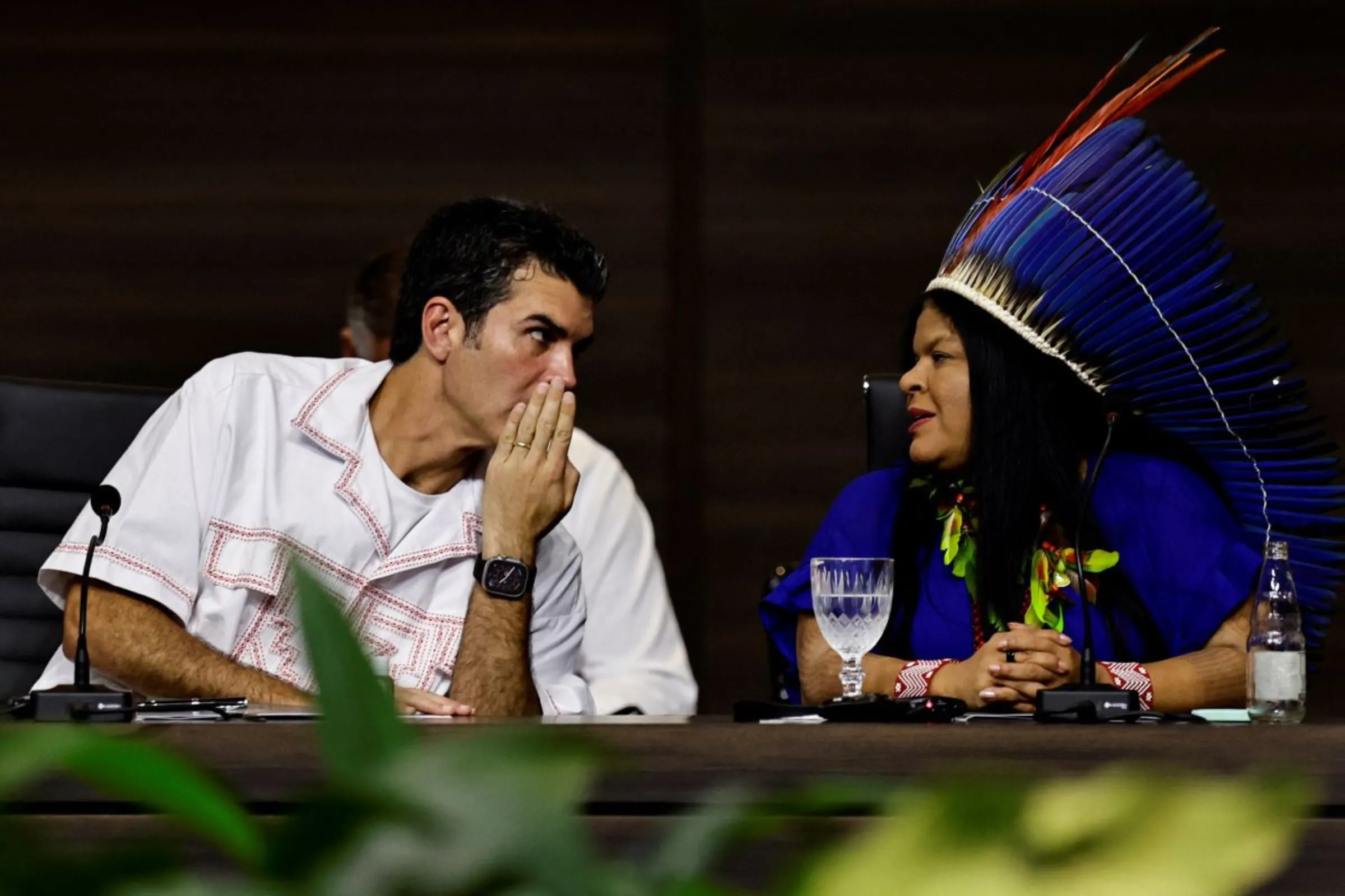 Governor of Brazil's Para State Helder Barbalho talks with Brazil's Indigenous Peoples Minister Sonia Guajajara during the Amazon Summit at the Hangar Convention Centre in Belem, Para State, Brazil, August 9, 2023. REUTERS/Ueslei Marcelino