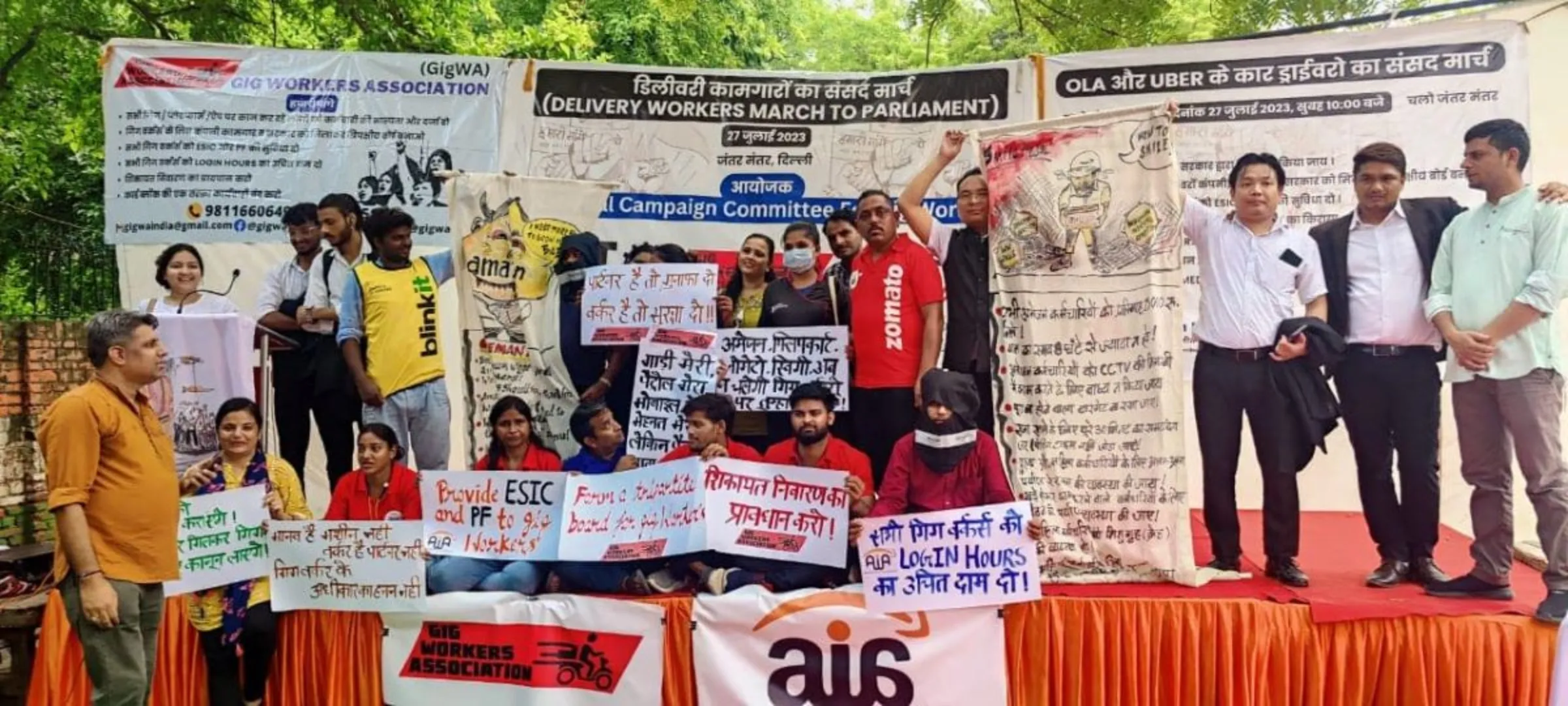 Manju Goel, who is with the Amazon India Workers' Association, at a gig workers' protest in Delhi, India