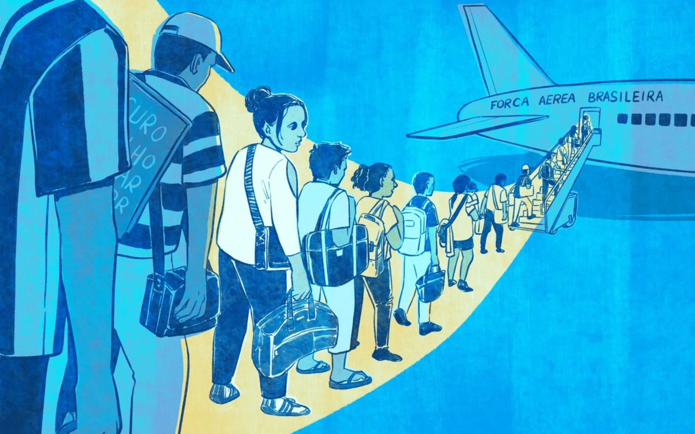 Drawing of people boarding a plane