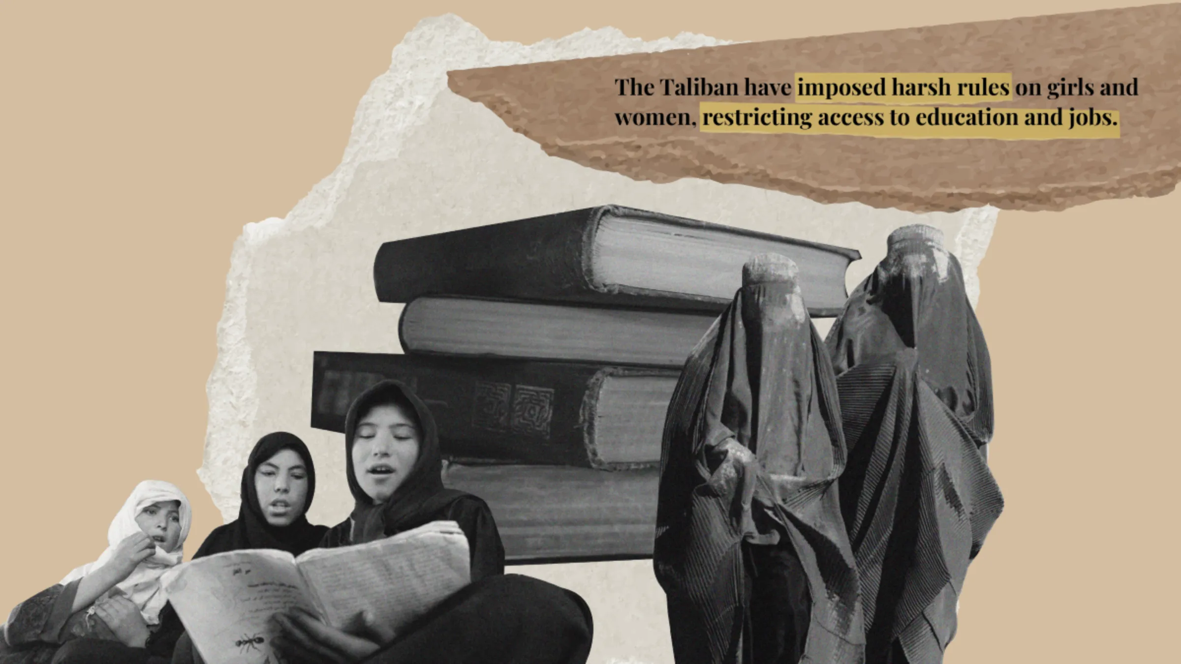 A group of three Afghan women read as two other Afghan women walk by on a backdrop of stacked books with text 'The Taliban have imposed hard rules on girls and women, restricting access to education and jobs' in this illustration photo. Thomson Reuters Foundation/Nura Ali