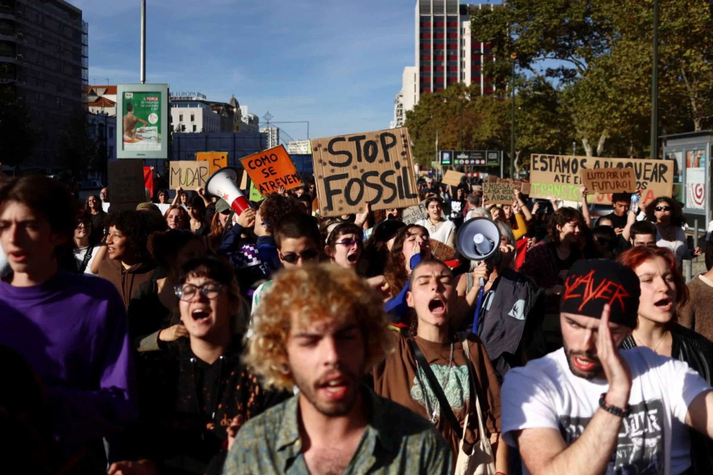 Protesters for climate change and against the use of fossil fuels shout slogans in Lisbon, Portugal, November 12, 2022