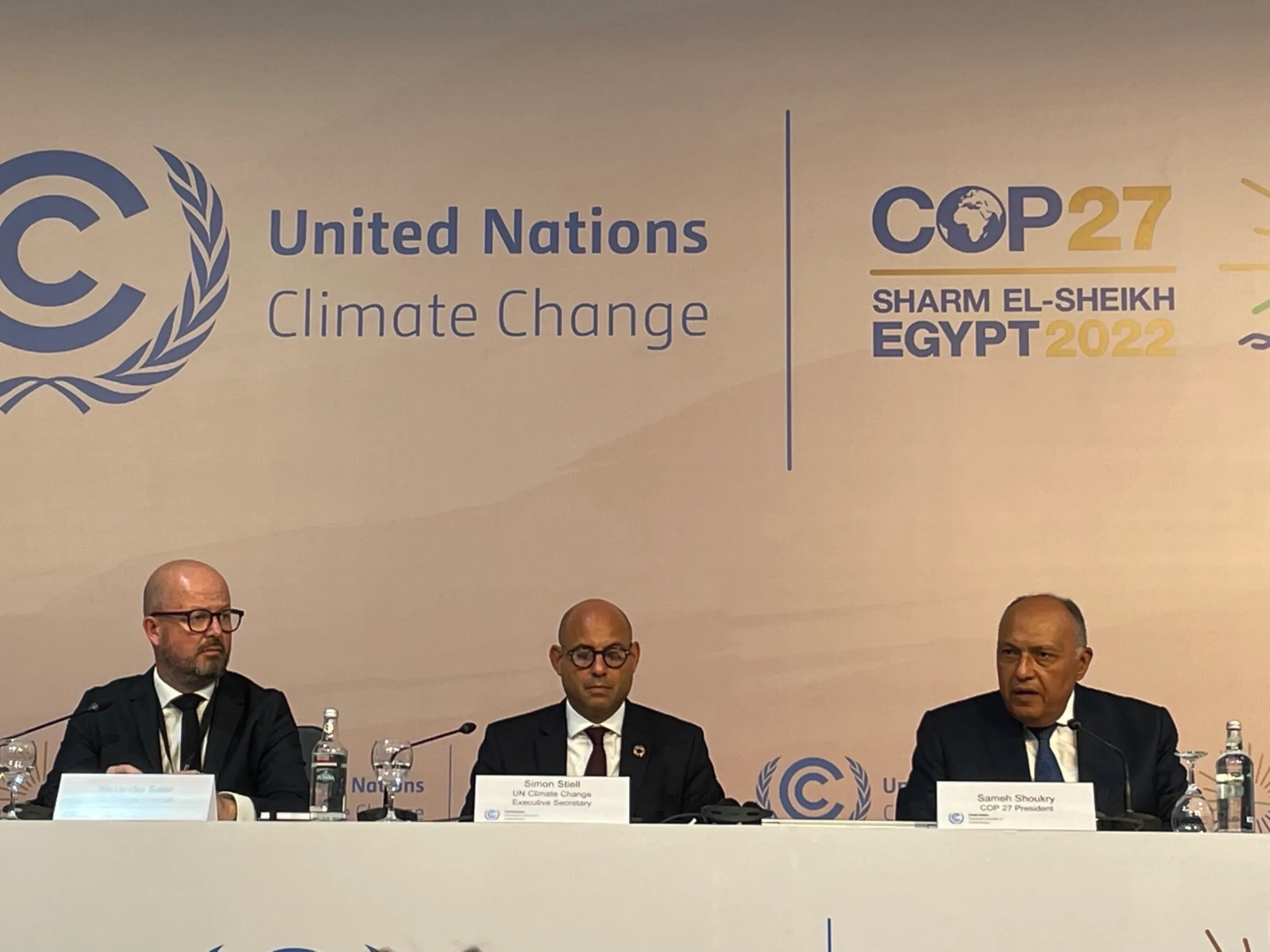 U.N. climate chief Simon Stiell (centre) and Egyptian COP27 president Sameh Shoukry speak at a press conference at the COP27 U.N. climate talks in Sharm el-Sheikh, Egypt, November 6, 2022. Laurie Goering/Thomson Reuters Foundation