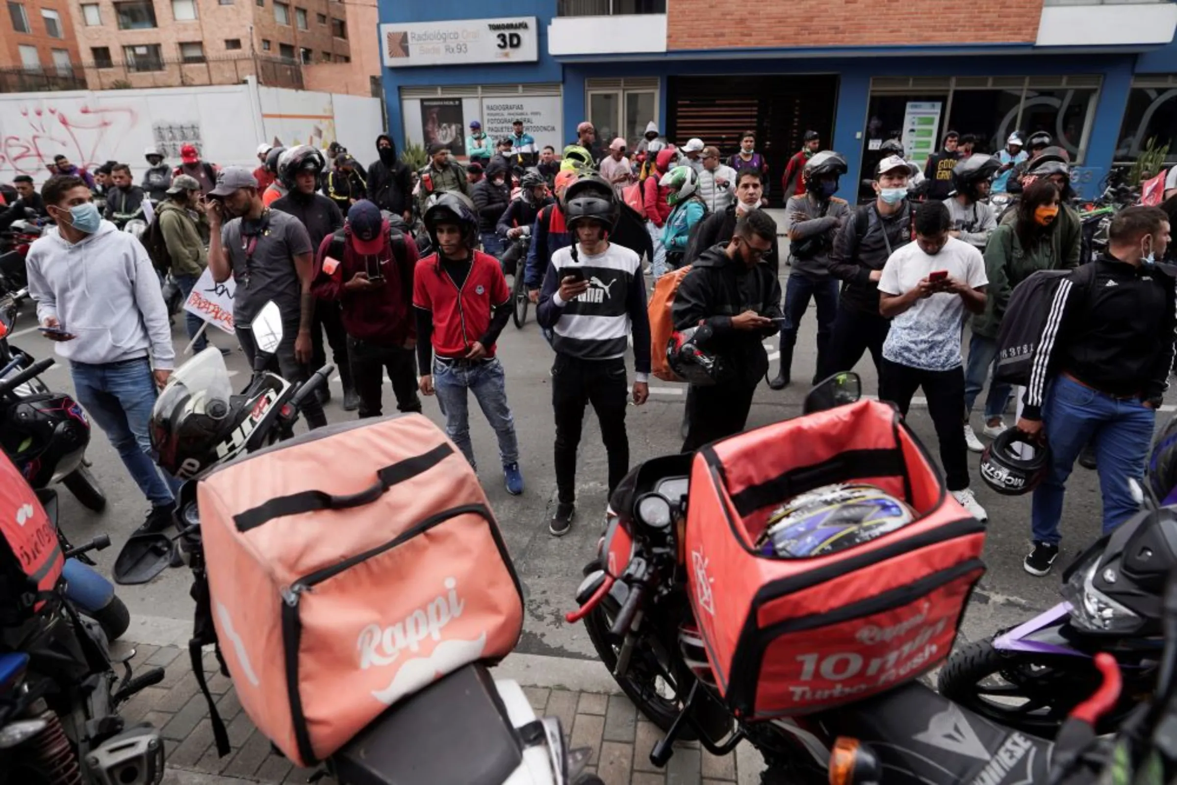 Delivery workers for Rappi and other delivery apps protest as part of a strike to demand better wages and working conditions, in Bogota, Colombia March 2, 2022