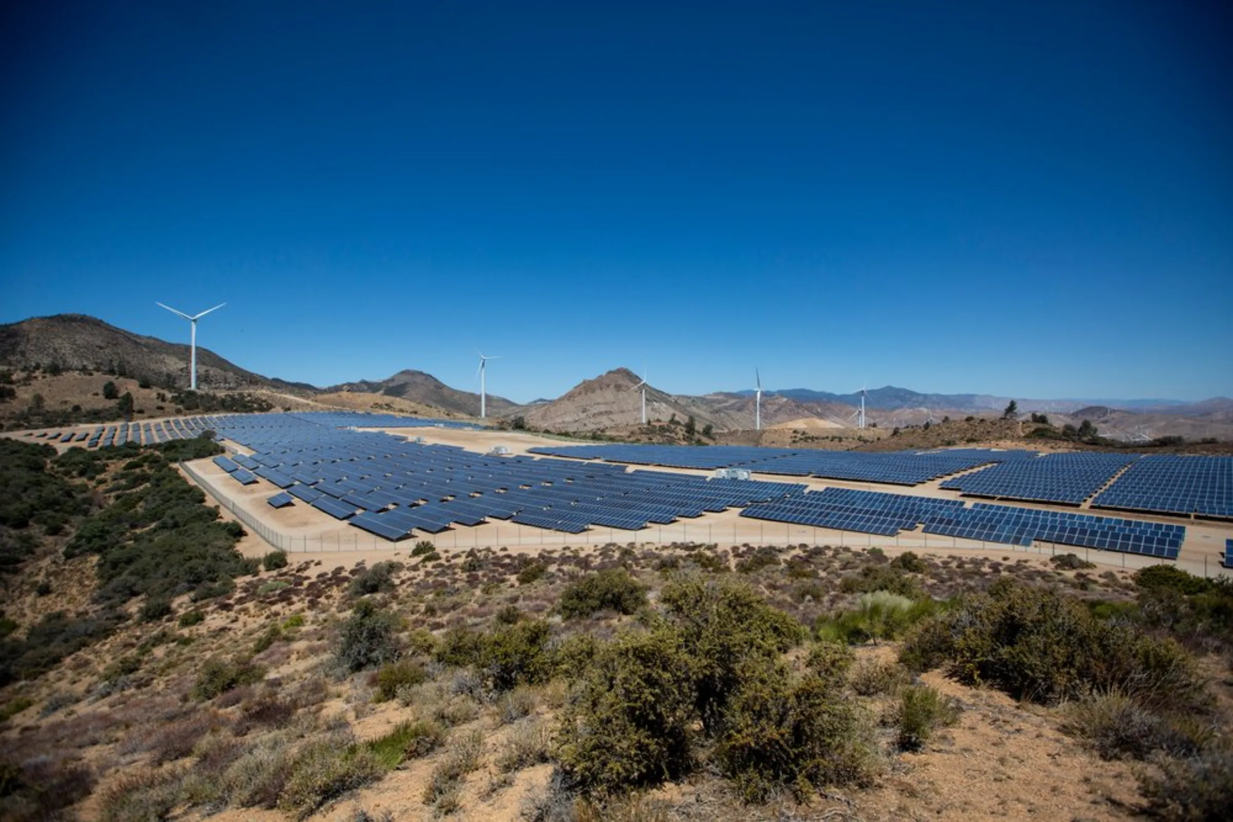 A view of a photovoltaic power station run by the Los Angeles Department of Water and Power in the northwest Mojave desert, California, May 26, 2021