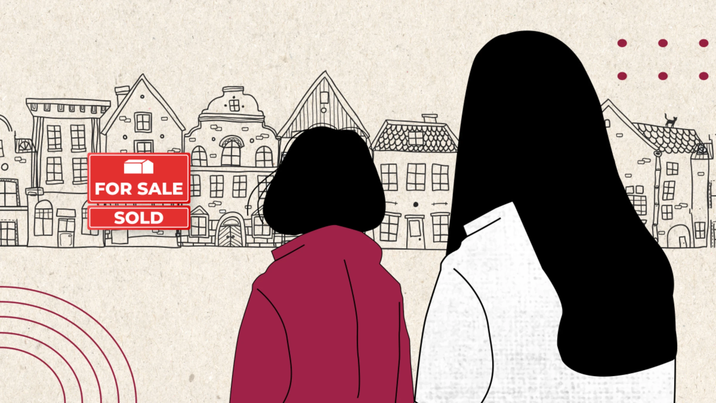 A woman and her daughter look over a row of houses, where a sign reads FOR SALE: SOLD, in this illustration photo. Thomson Reuters Foundation/Tereza Astilean