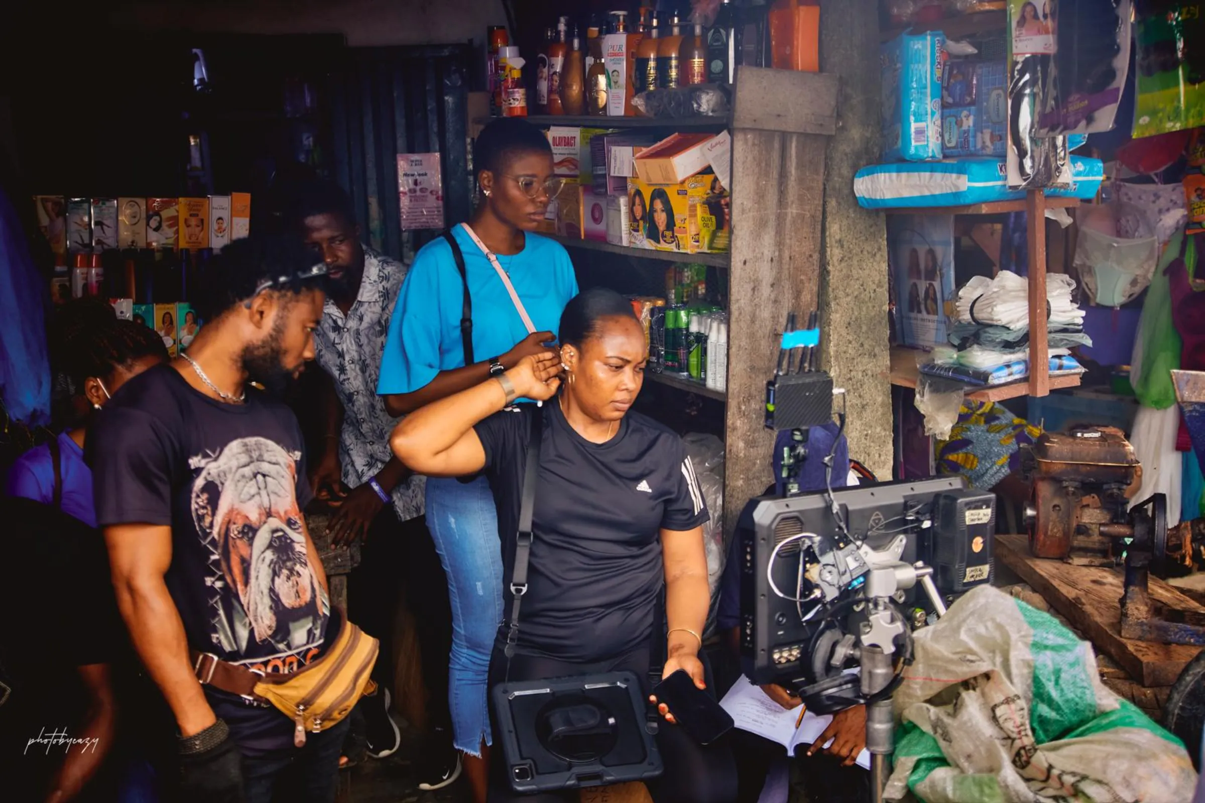 Nigerian director Sarah Kwaji and crew on the set of 'Out in the Darkness' in Lagos on August 11, 2023. Sarah Stella Kwaji Productions/Handout via Thomson Reuters Foundation