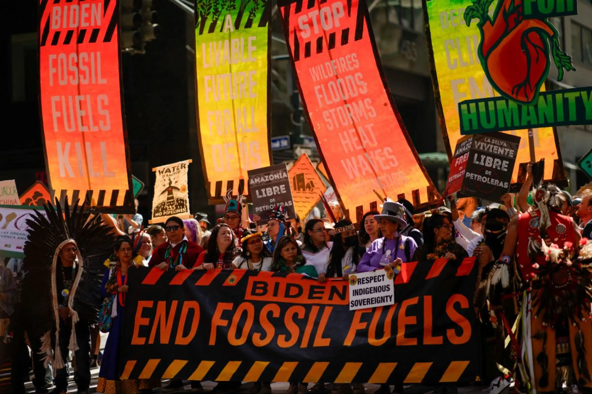 Activists mark the start of Climate Week in New York during a demonstration calling for the U.S. government to take action on climate change and reject the use of fossil fuels in New York City, New York, U.S., September 17, 2023. REUTERS/Eduardo Munoz