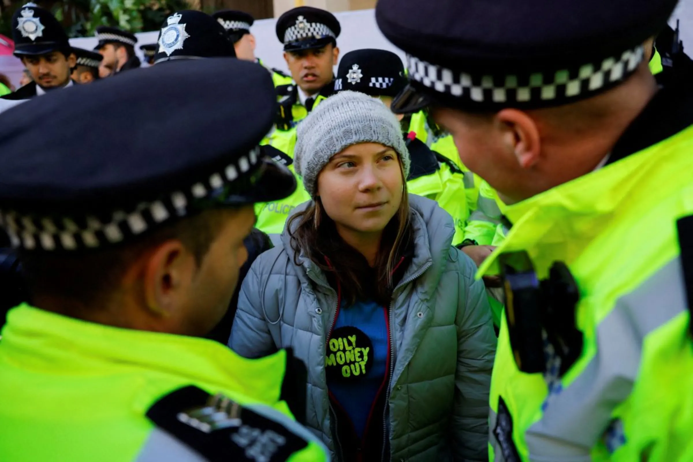 Swedish climate campaigner Greta Thunberg is detained during an Oily Money Out and Fossil Free London protest in London, Britain, October 17, 2023. REUTERS/Clodagh Kilcoyne