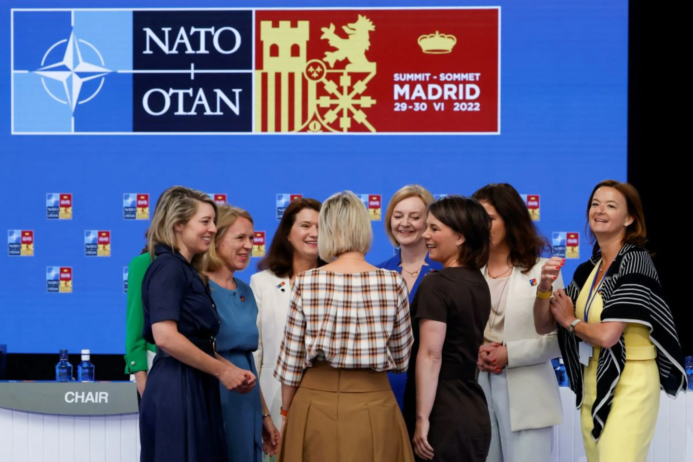 Women ministers and politicians from Europe and Canada attend a discussion during a NATO summit in Madrid, Spain June 29, 2022. REUTERS/Yves Herman