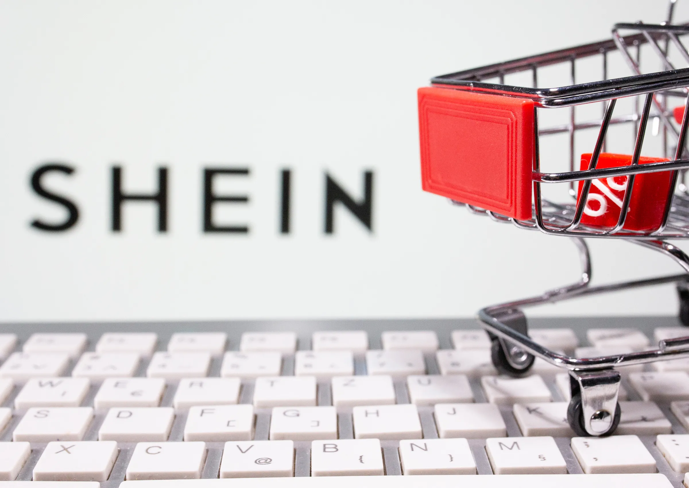 A keyboard and a shopping cart are seen in front of a displayed Shein logo in this illustration picture taken October 13, 2020. REUTERS/Dado Ruvic