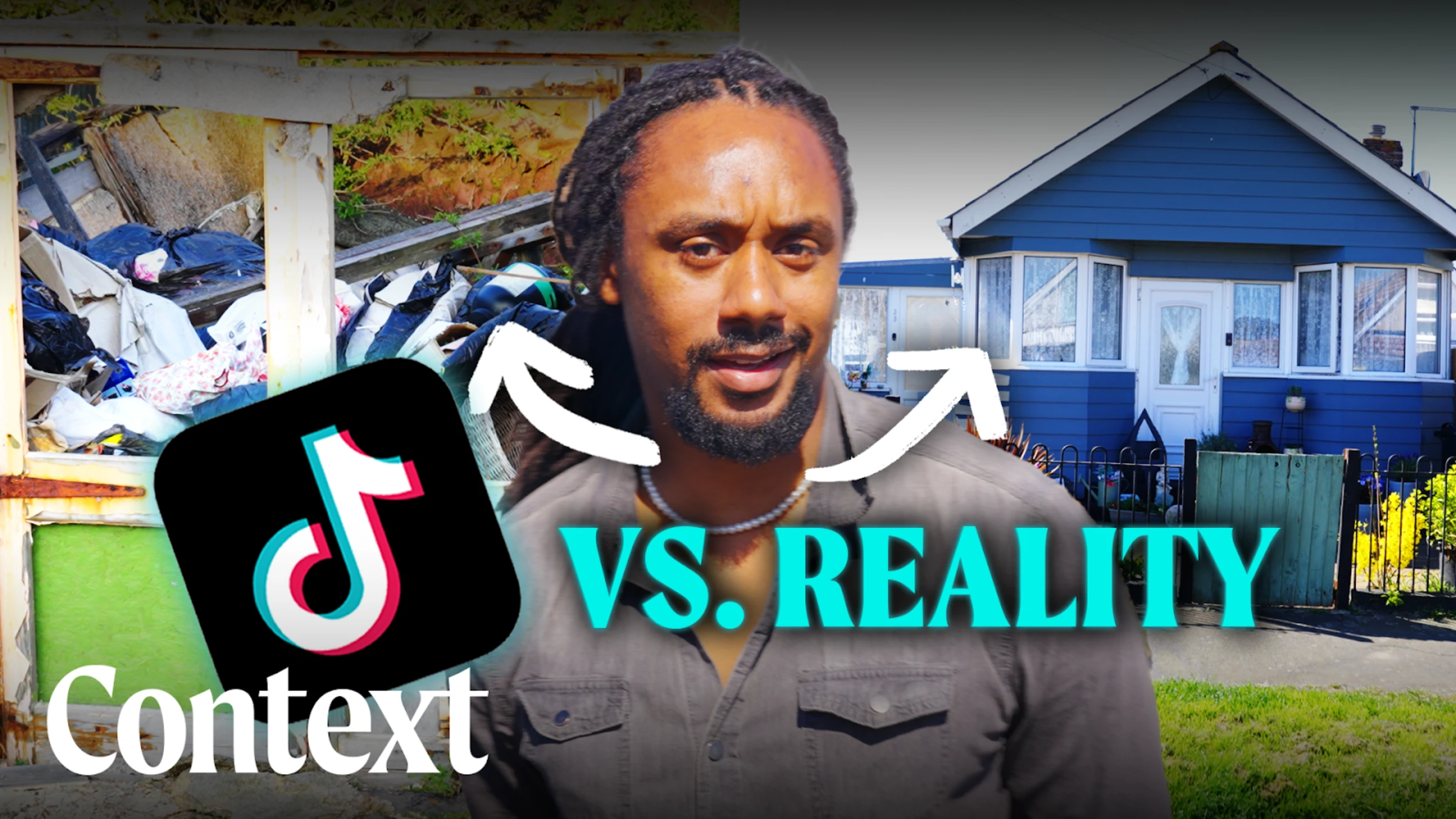 A thumbnail from Context video 'TikTok says this is the worst town in England. Is it really?'. Context Video Producer Ranel Felix speaks in a screengrab with text: TikTok (logo) VS. REALITY Thomson Reuters Foundation/Ranel Felix