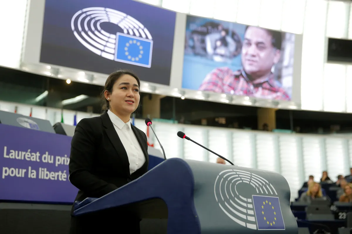 Jewher Ilham, daughter of Ilham Tohti, Uyghur economist and human rights activist, delivers a speech during the award ceremony for his 2019 EU Sakharov Prize