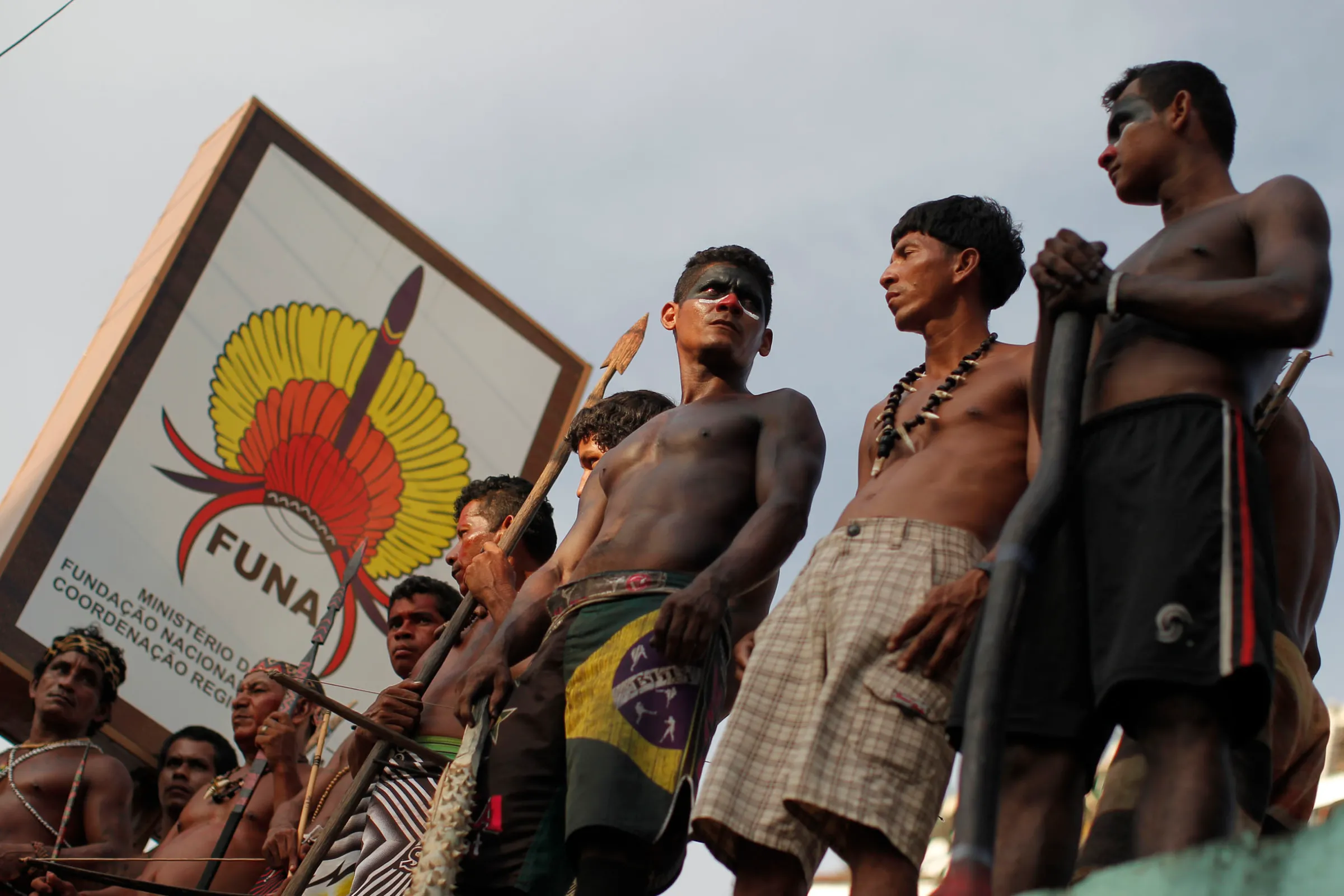 Members of different Amazonian tribes occupy the headquarters of Brazil's indigenous affairs bureau FUNAI