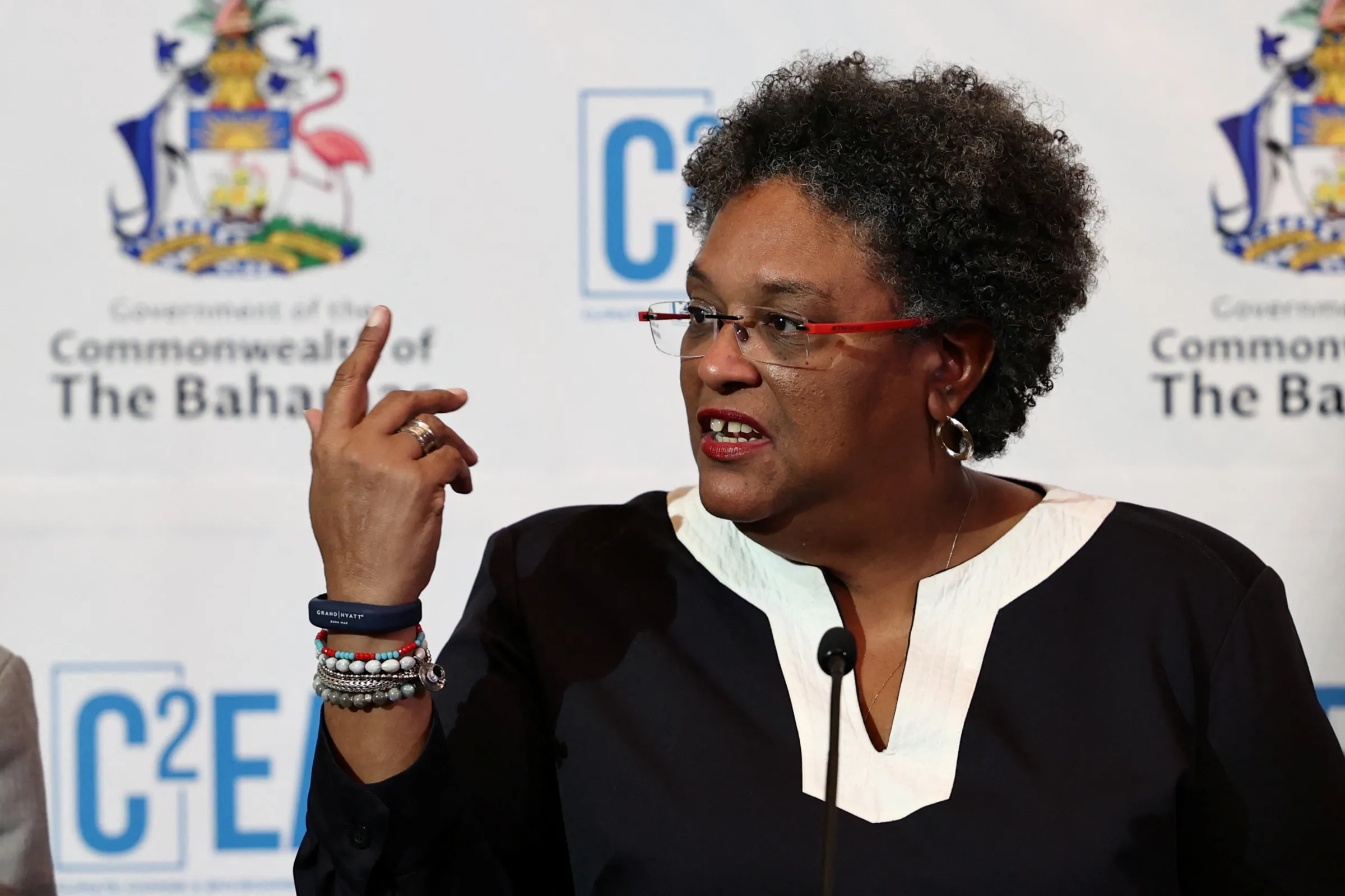 Barbados's Prime Minister Mia Mottley speaks during a press conference at an event where leaders of Caribbean nations meet for a two-day conference to discuss the region's approach to the COP27 climate talks, in Nassau, Bahamas August 17, 2022