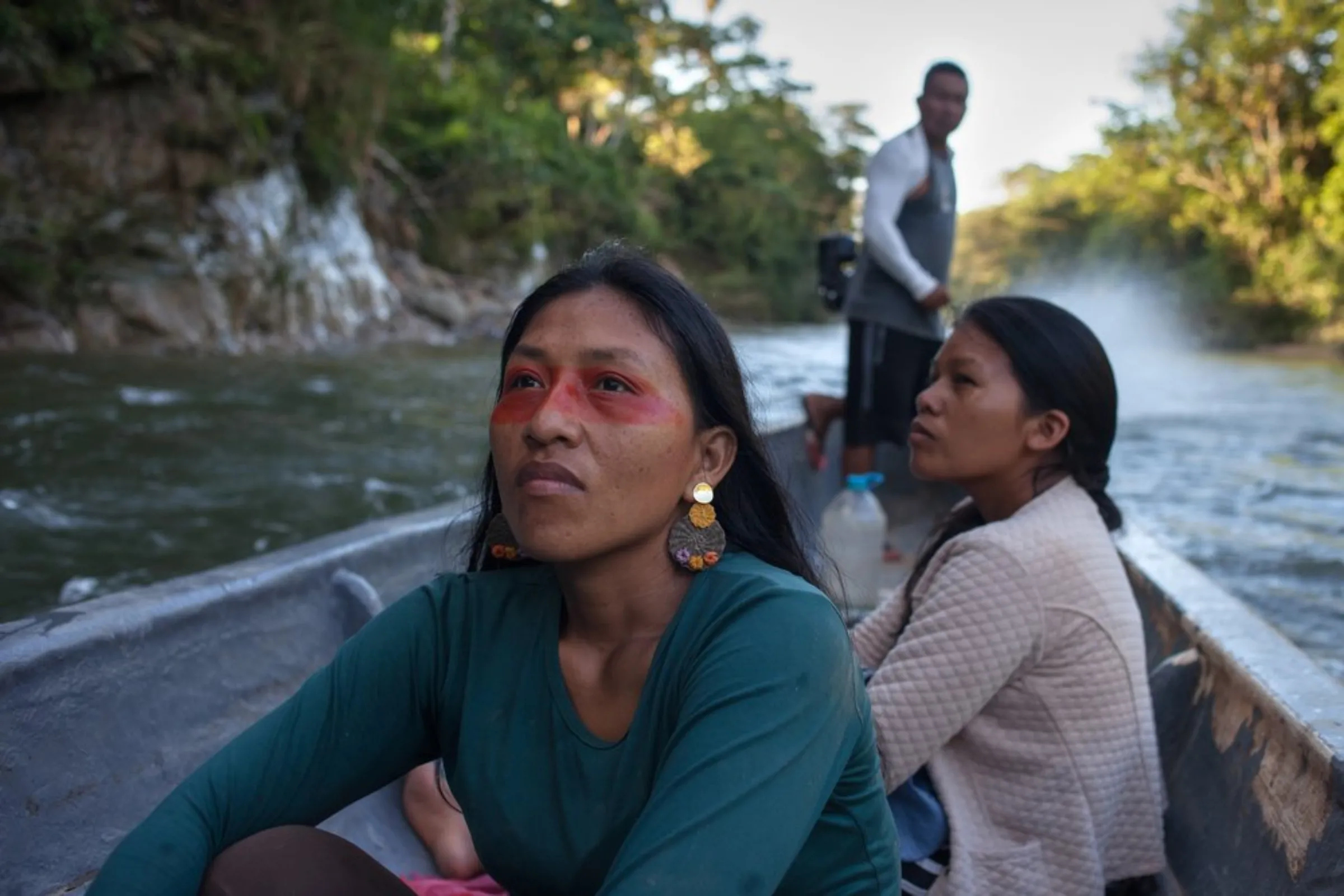 Silvana Nihua, president of the Waorani Organization of Pastaza (OWAP), travels along the Curaray River where indigenous communities reside in riverside villages in the Amazon province of Pastaza, Ecuador, on April 26, 2022
