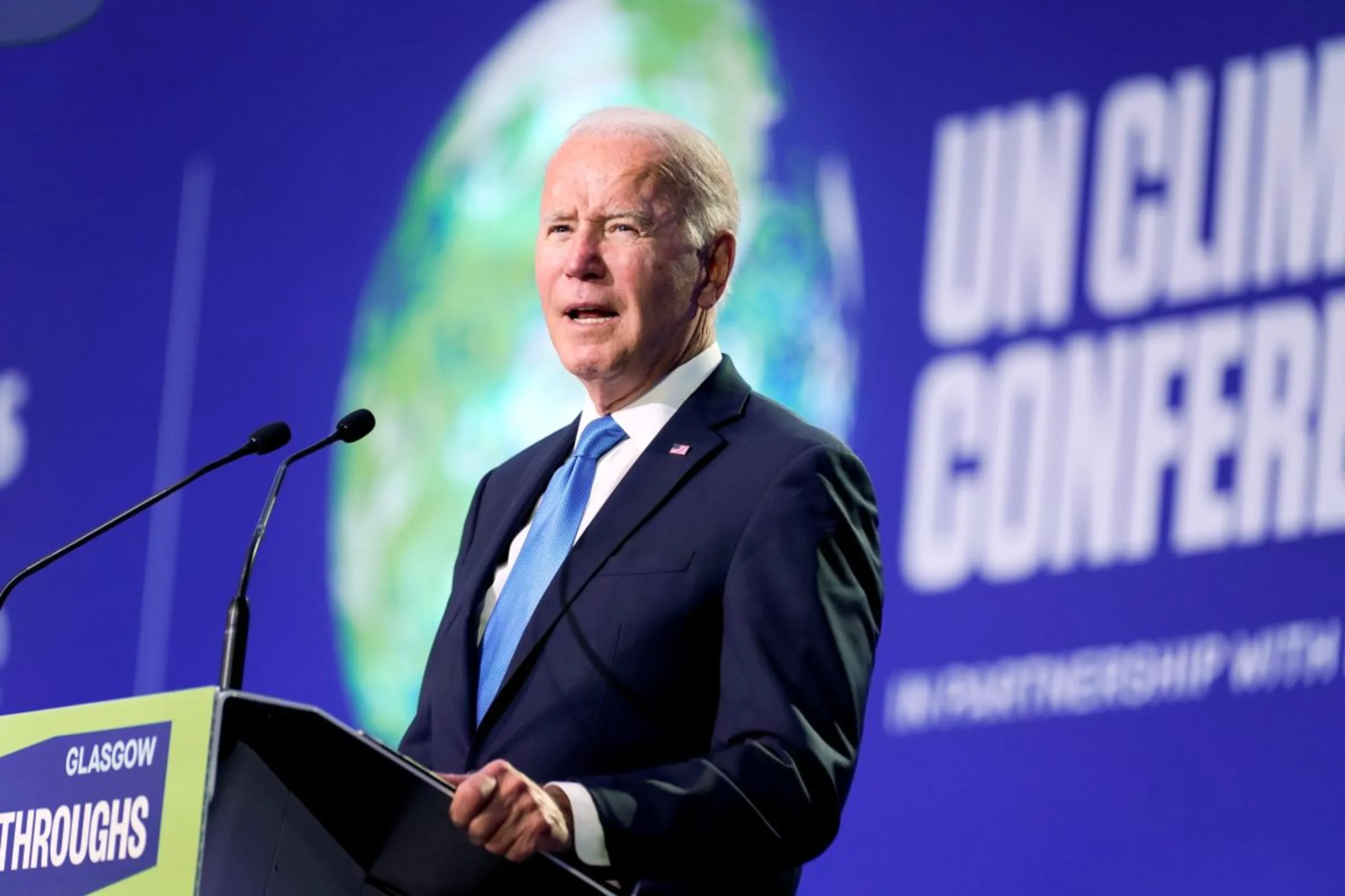 U.S. President Joe Biden speaks at the UN Climate Change Conference (COP26) in Glasgow, Scotland, Britain November 2, 2021. Evan Vucci/Pool via REUTERS