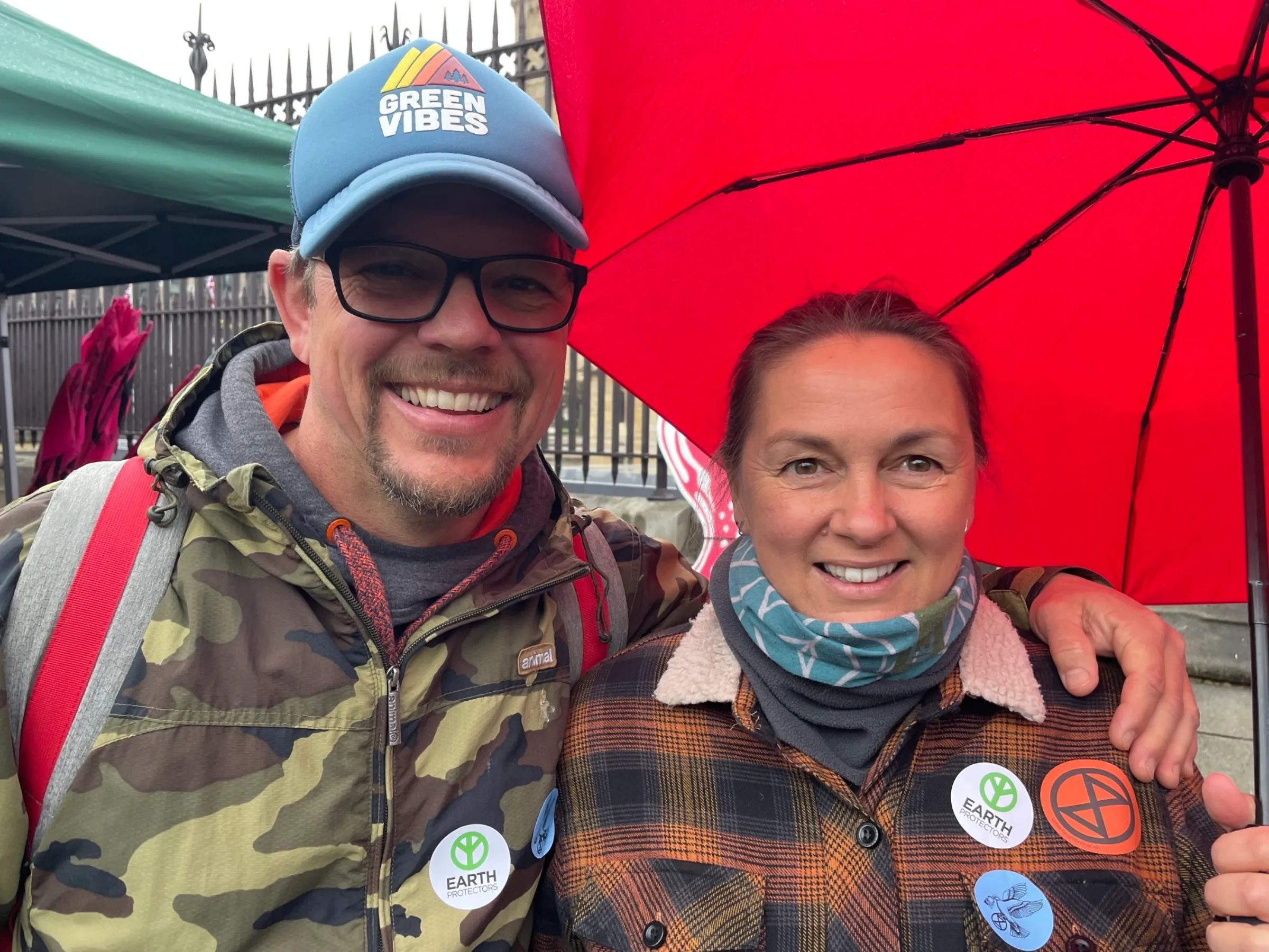 Steve and Rebekah Compton, of North Devon, join “The Big One”, a protest organised by Extinction Rebellion outside Parliament in London on April 21, 2023. Thomson Reuters Foundation/Laurie Goering