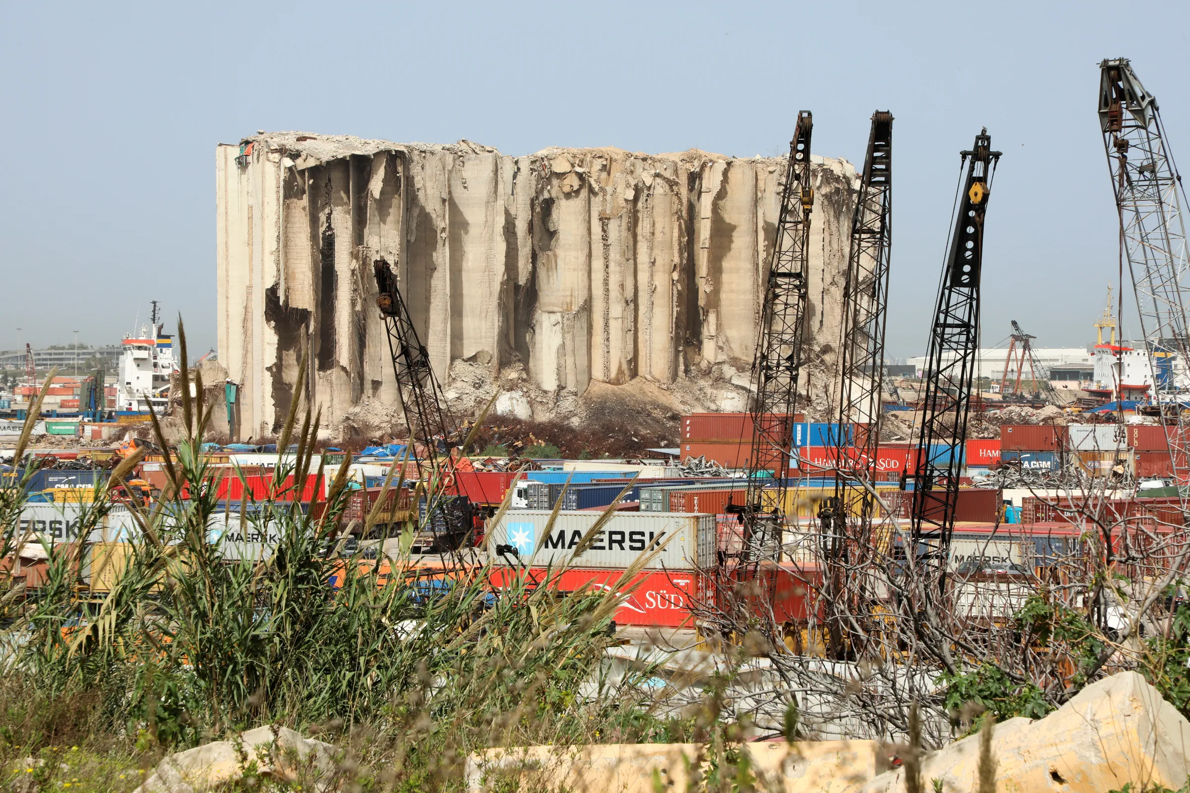 A general view shows the grain silo damaged during the 2020 Beirut port explosion in Beirut