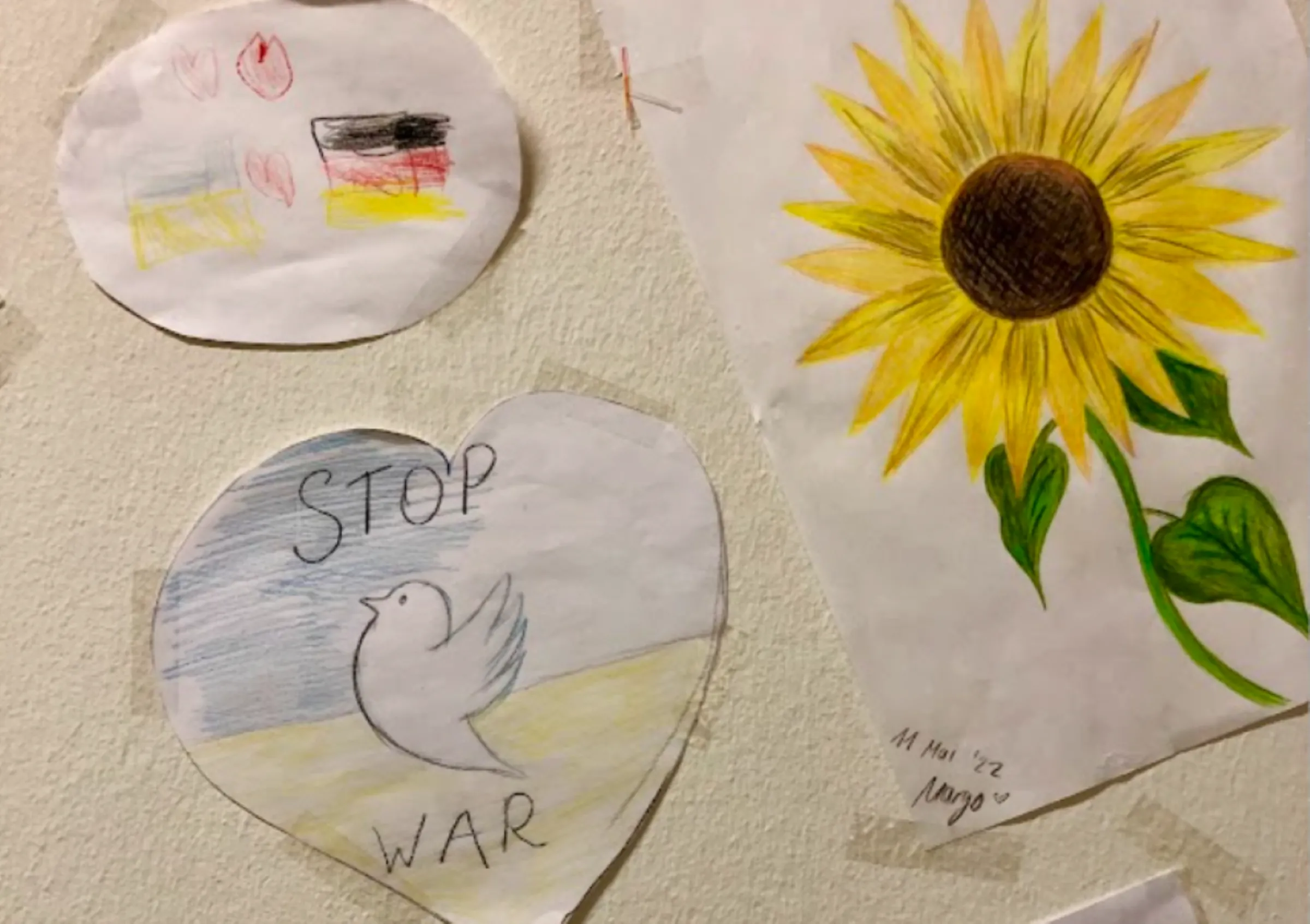 Children’s drawing posted on a wall at Terminal C of the former Tegel airport, where 2500 Ukrainian refugees are currently housed in Berlin, Germany. April 25, 2023