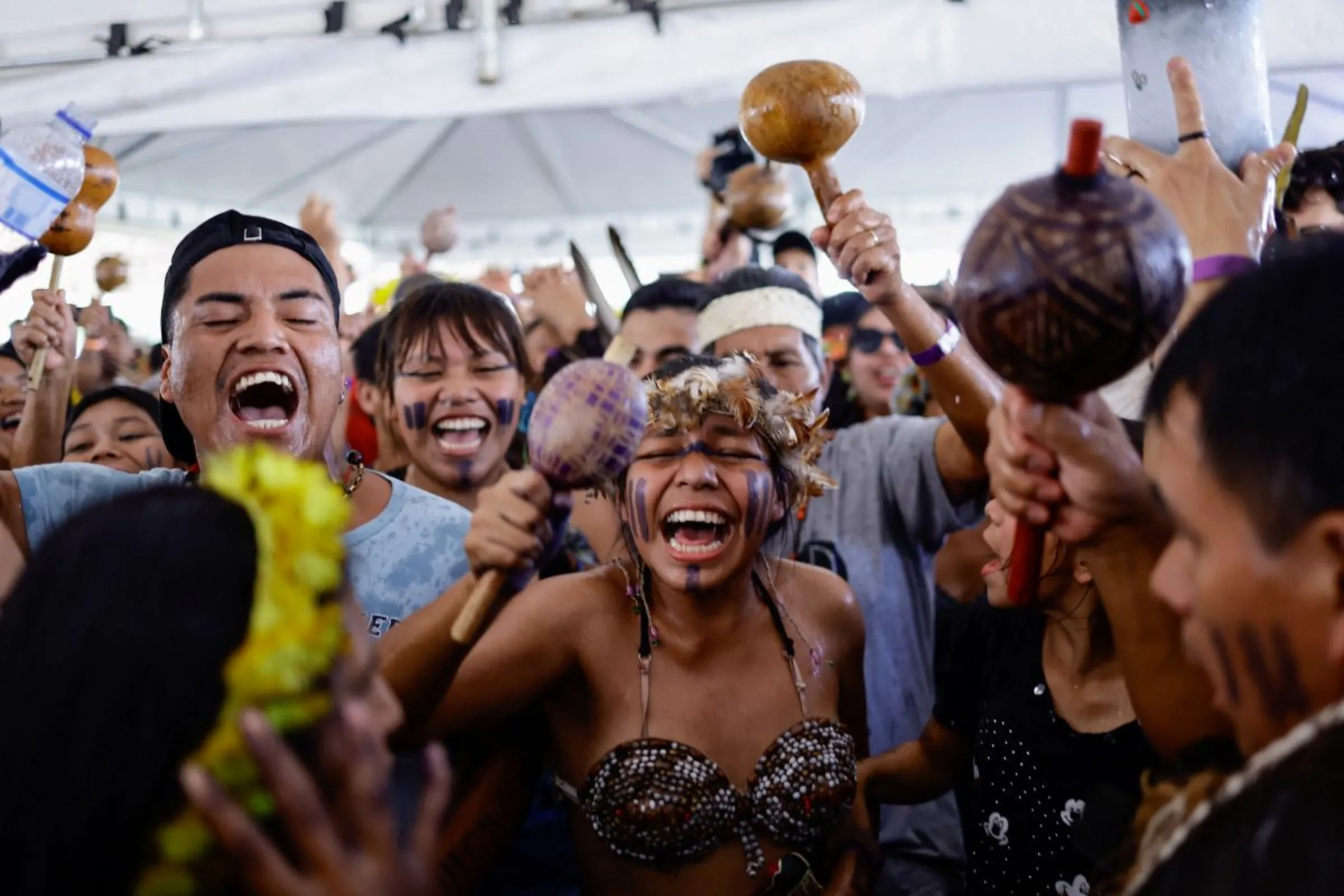 Brazilian Xokleng Indigenous people celebrate after a majority on Brazil's Supreme Court voted against the so-called legal thesis of 'Marco Temporal' (Temporal Milestone), in Brasilia, Brazil September 21, 2023. REUTERS/Ueslei Marcelino