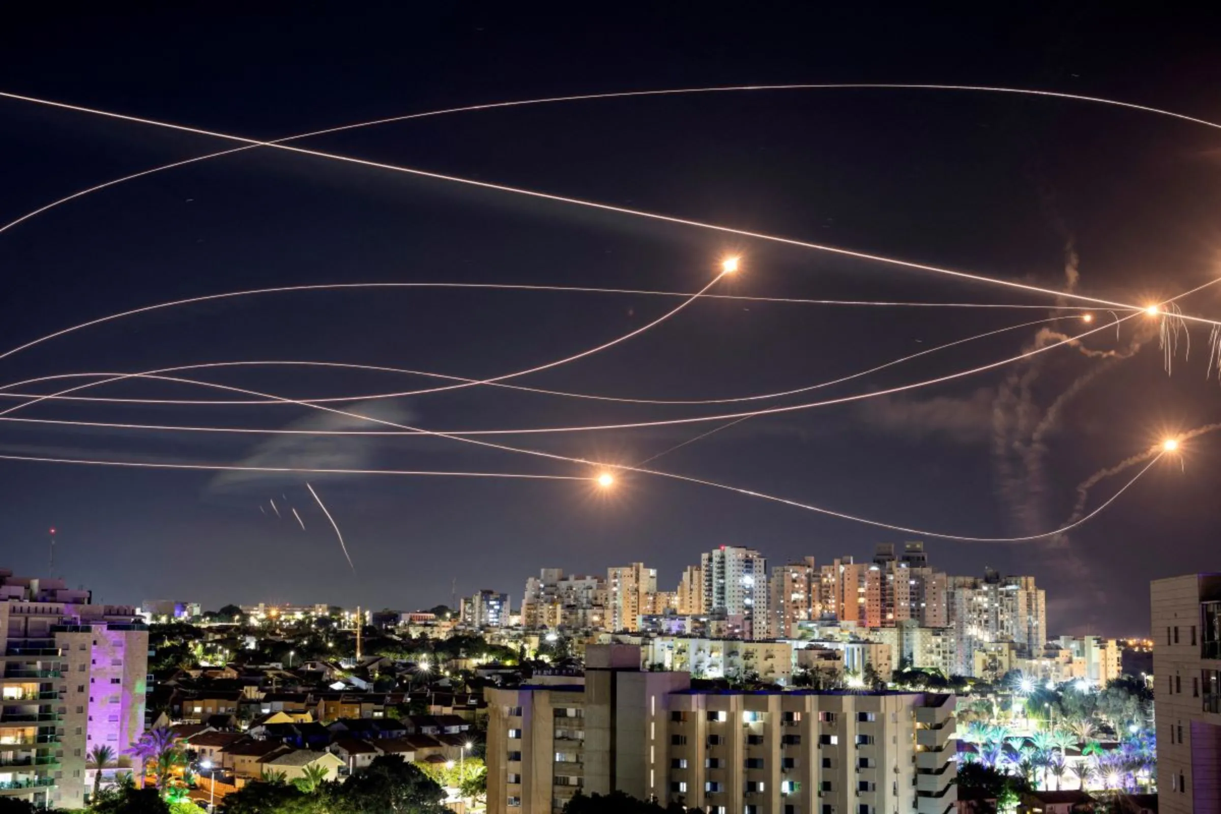 Israel's Iron Dome anti-missile system intercepts rockets launched from the Gaza Strip, as seen from Ashkelon, in southern Israel, October 20, 2023. REUTERS/Amir Cohen