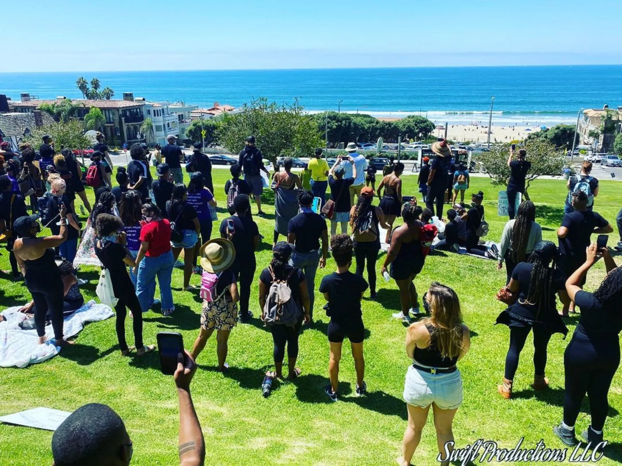 Demonstrators call for the return of Bruce’s Beach to the Bruce family in October 2020 in Manhattan Beach, California.