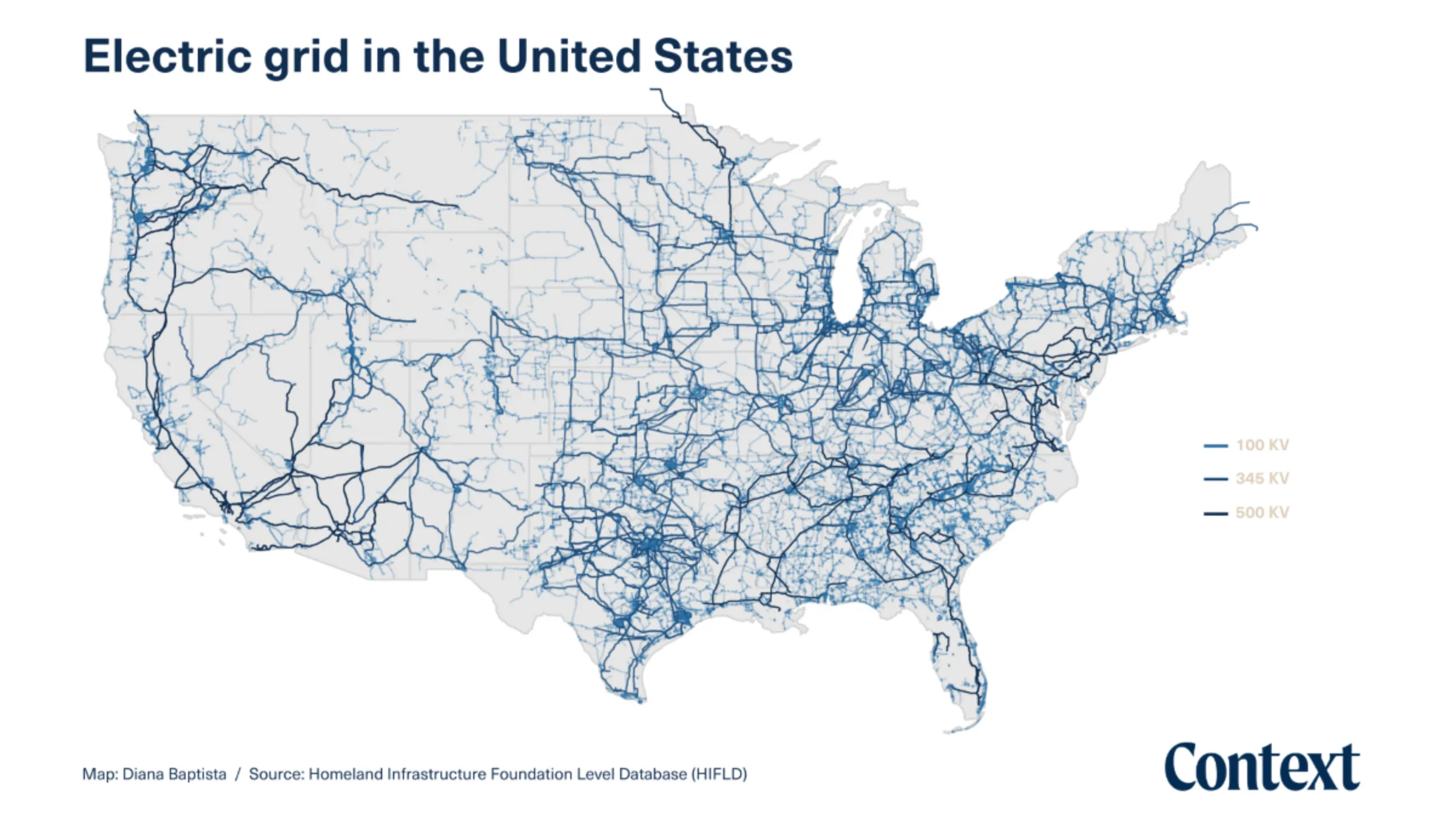 A graphic showing the electric grid in the United States. Source: Homeland Infrastructure Foundation Level Database (HIFLD). Thomson Reuters Foundation/Diana Baptista