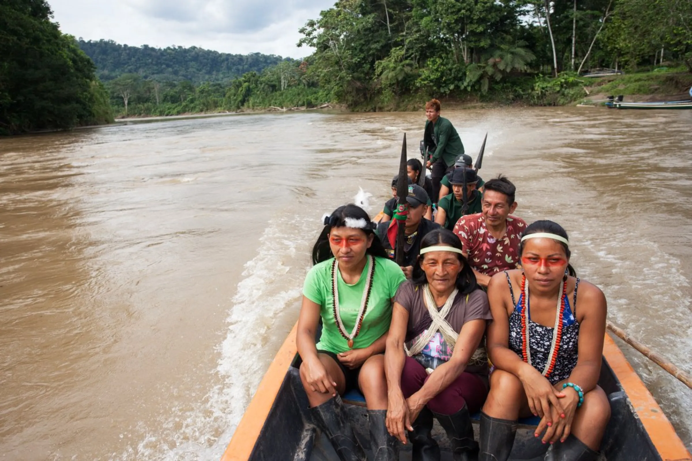 Silvana Nihua, president of the Waorani Organization of Pastaza (OWAP), travels along Curaray River with members of the Waorani and Cofan indigenous groups in the Amazon province of Pastaza, Ecuador, on April 25, 2022