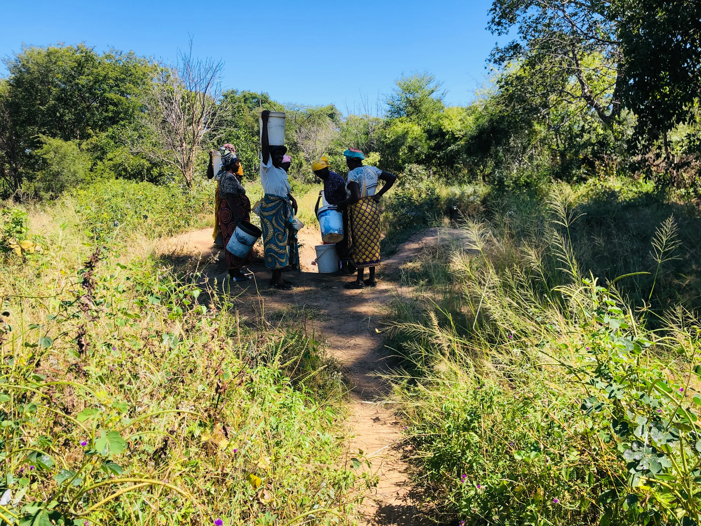 A group of women collect water from a hand-dug well to irrigate their community garden in Suanyanga village. 7 May 2025. Lungelo Ndhlovu/Thomson Reuters Foundation.