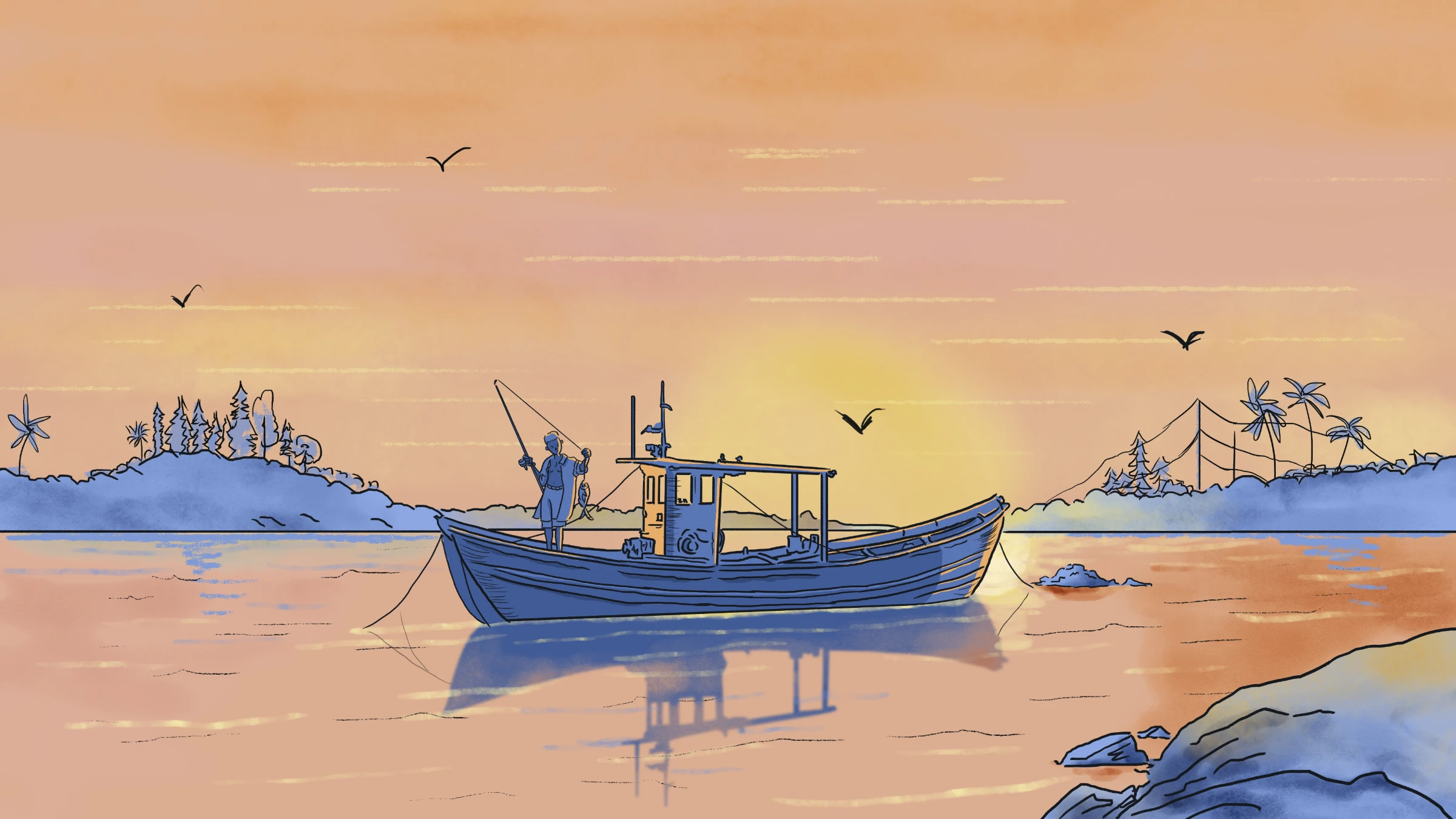 Padmamurti fishes on a boat at sunset. After spending his time on the fishing boat of a family friend in his childhood, Padmamurti had always dreamt of a life on sea. Thomson Reuters Foundation/Karif Wat