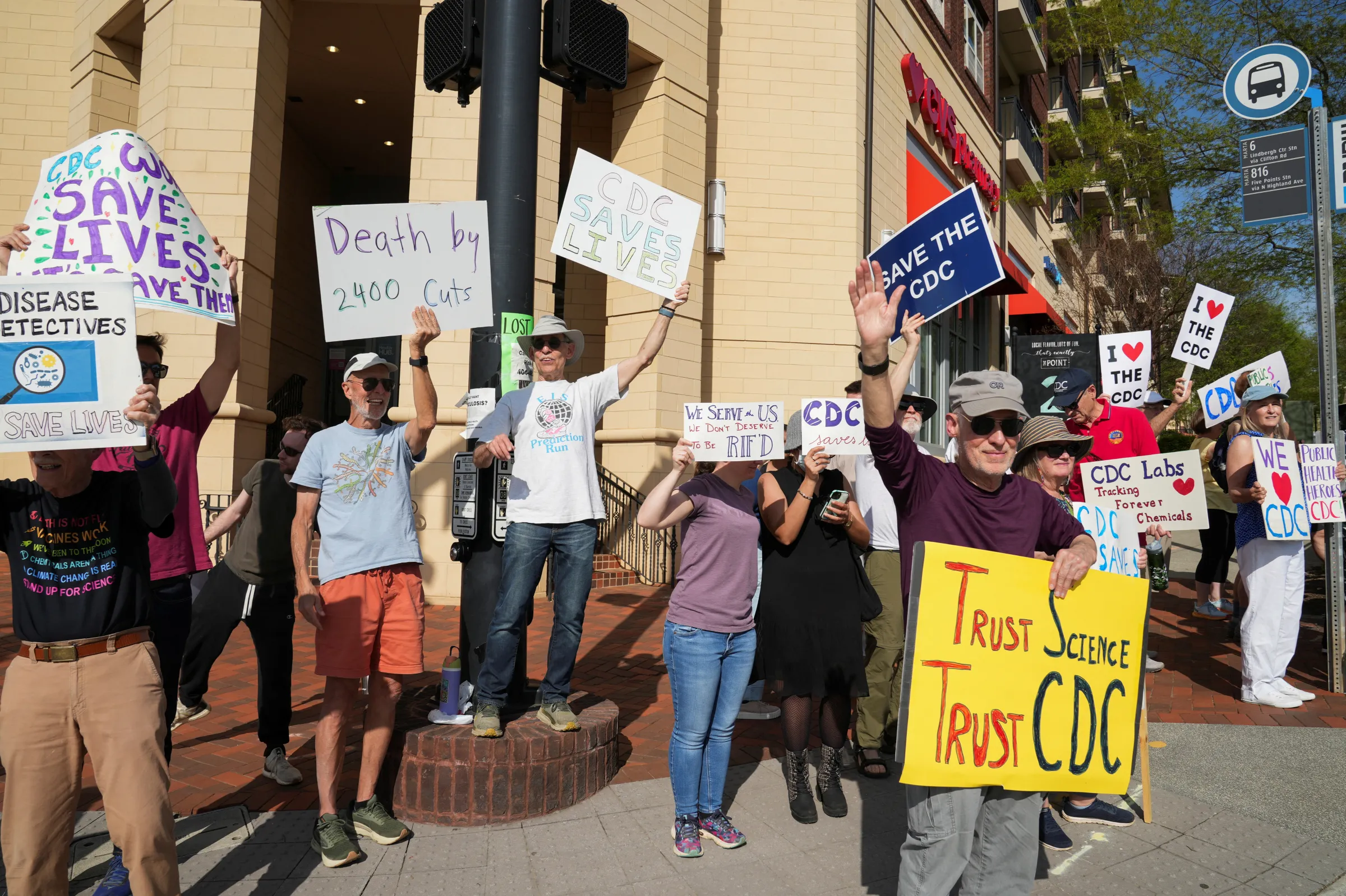 Demonstrators protesting outside the Center for Disease Control, in Atlanta, after the Trump administration began mass layoffs of 10,000 staffers at U.S. health agencies, Atlanta, Georgia, U.S. April 1, 2025. REUTERS/Megan Varner