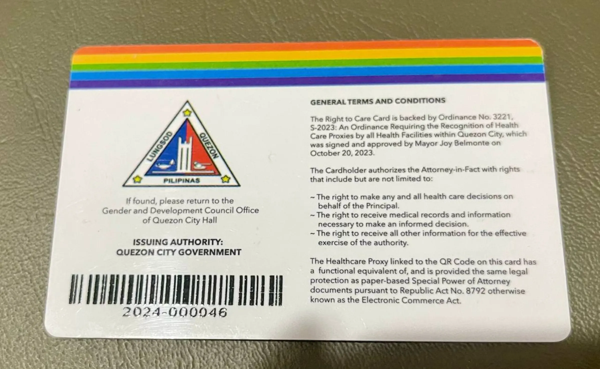 The Quezon City government started issuing Right to Care cards to LGBTQ+ couples in 2023. Leslie Ampo-an/Thomson Reuters Foundation