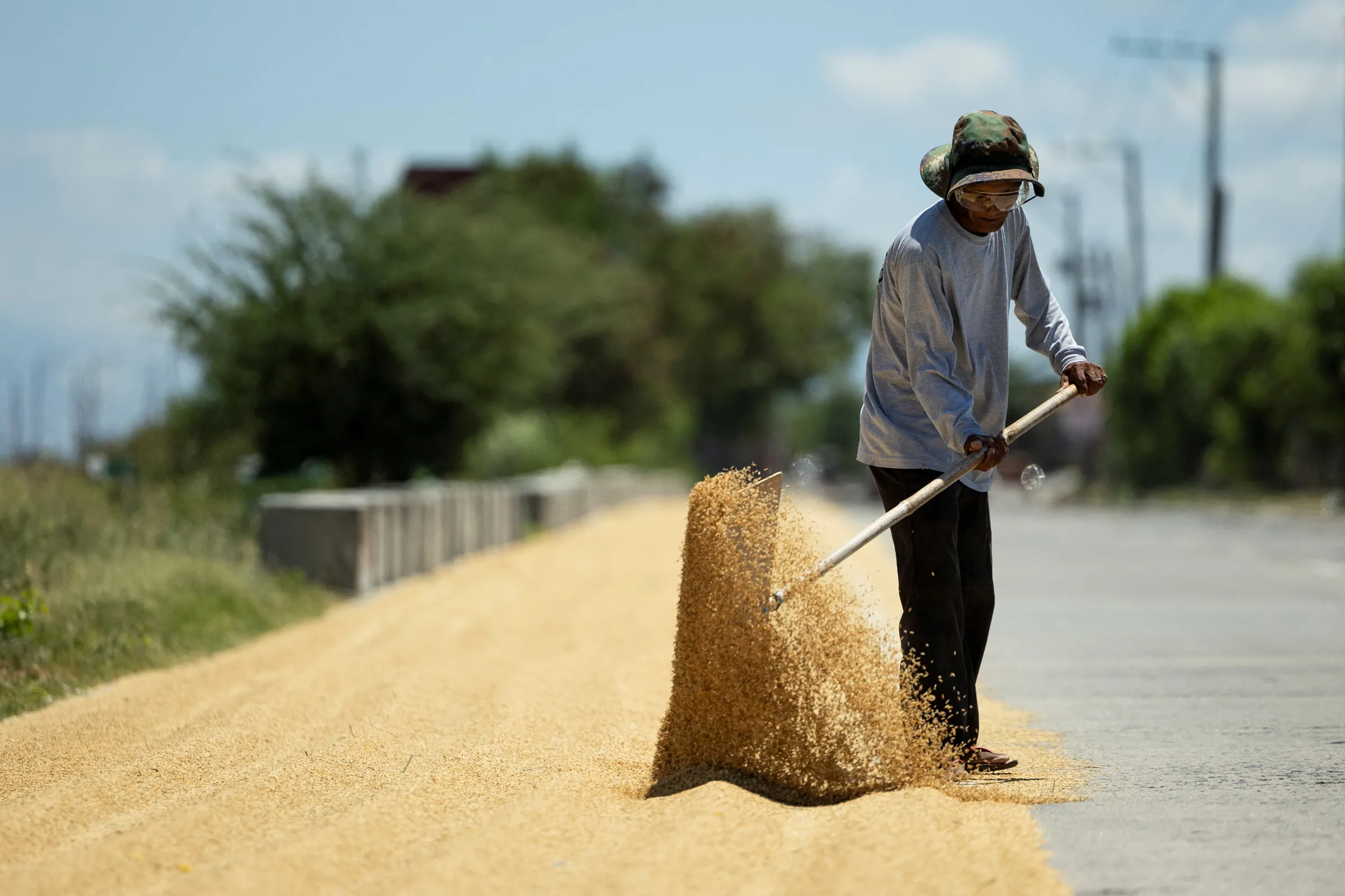 A farmer dries rice on the side of a road during a hot day in Candaba, Pampanga, Philippines, April 30, 2024. REUTERS/Eloisa Lopez
