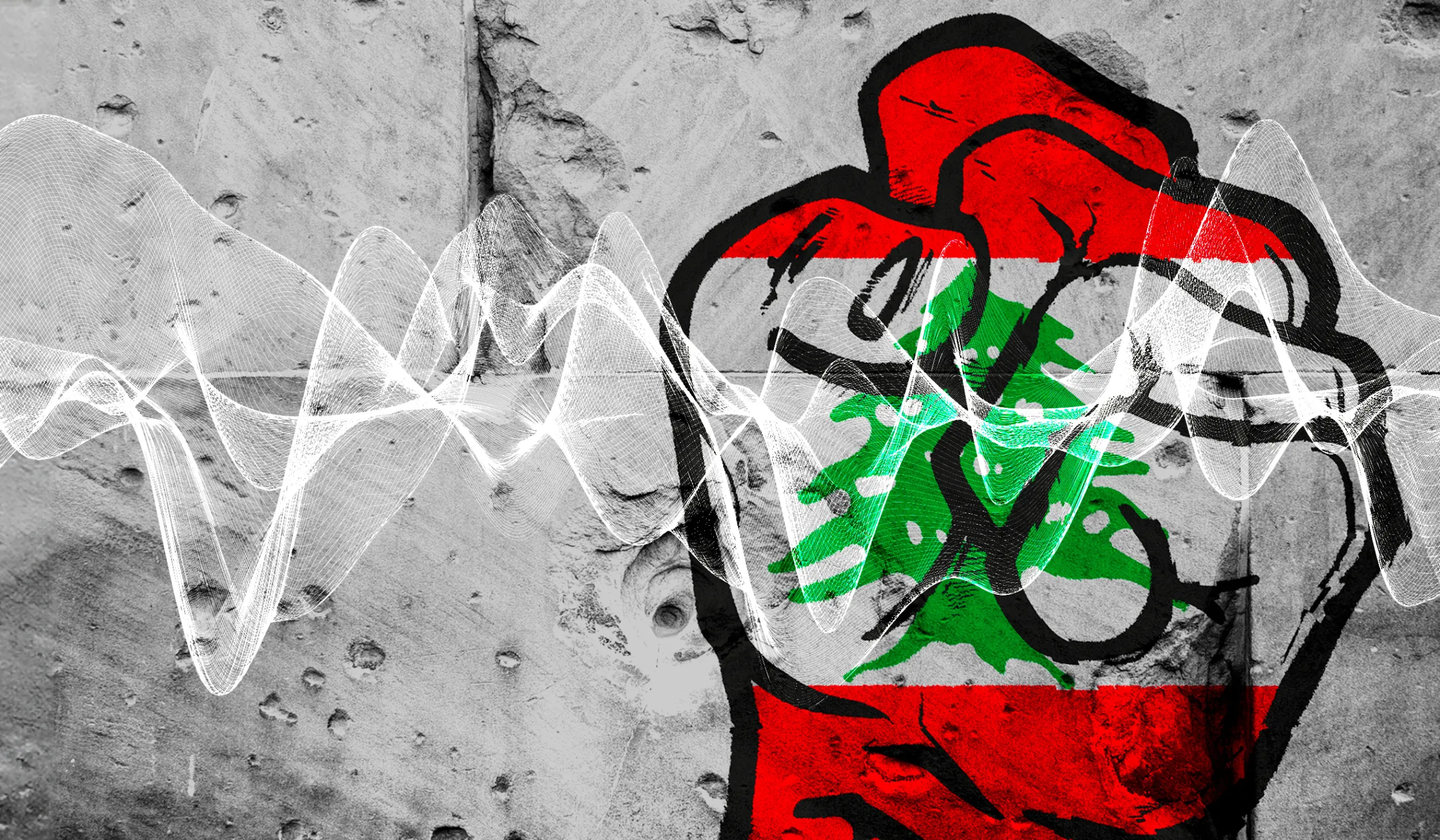 A fist with the Lebanon flag is shown on a grey wall background. Thomson Reuters Foundation