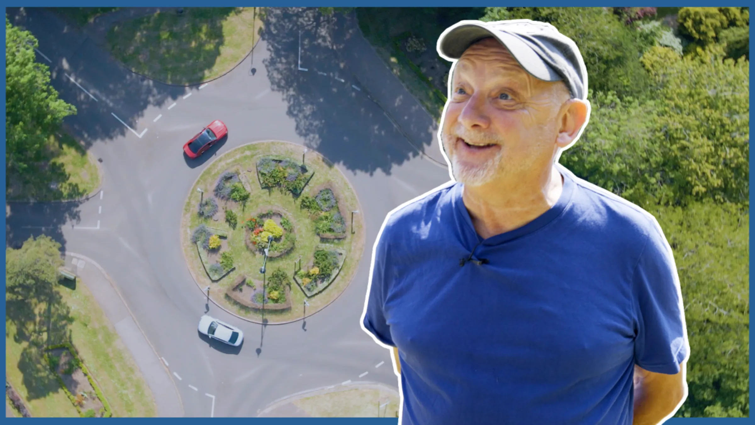 Kevin Beresford, chair of the UK Roundabout Appreciation Society, stands in front of a roundabout in this composite photo. Fintan McDonnell/Thomson Reuters Foundation