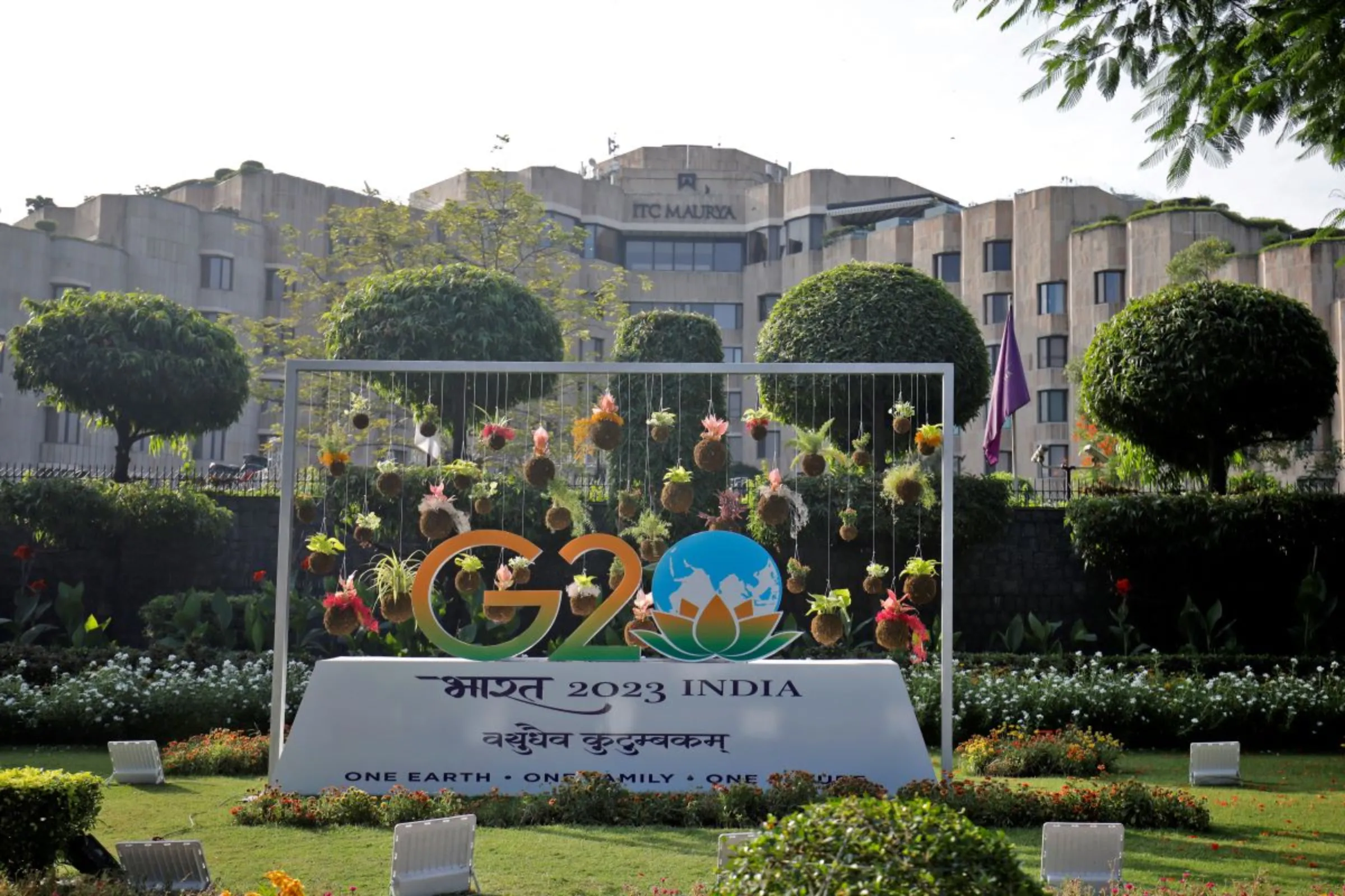 A model of G20 is pictured outside ITC Maurya hotel ahead of the G20 Summit in New Delhi, India, September 8, 2023