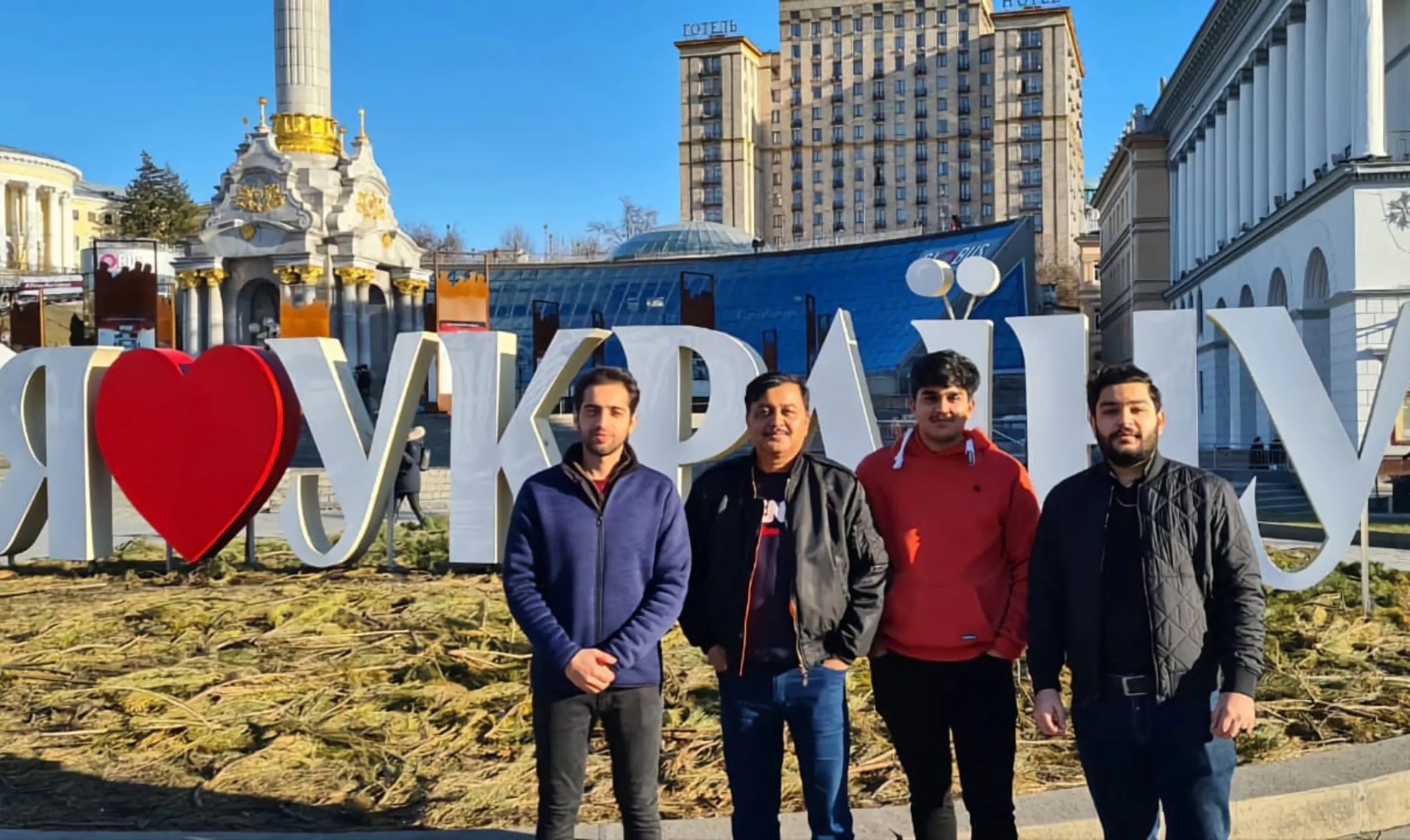 Mohammad Rayyan Hamid (L), a student at Kyiv Medical University, poses with his friends in Kyiv, Ukraine. Thomson Reuters Foundation/Handout via Basit Hamid